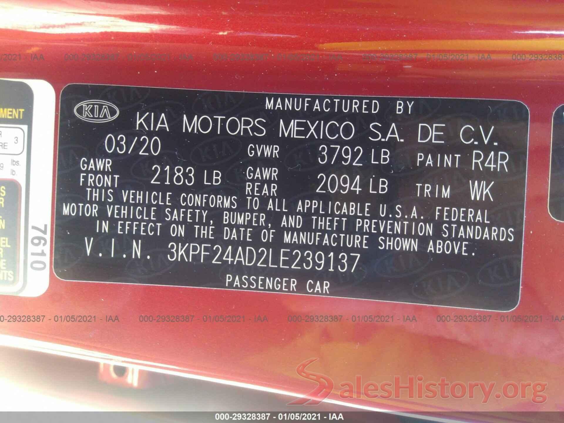 3KPF24AD2LE239137 2020 KIA FORTE