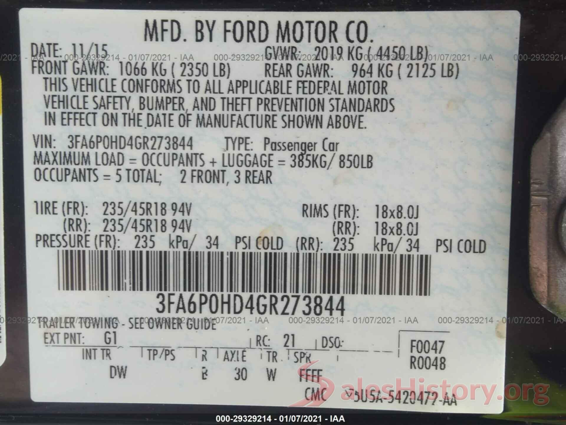 3FA6P0HD4GR273844 2016 FORD FUSION