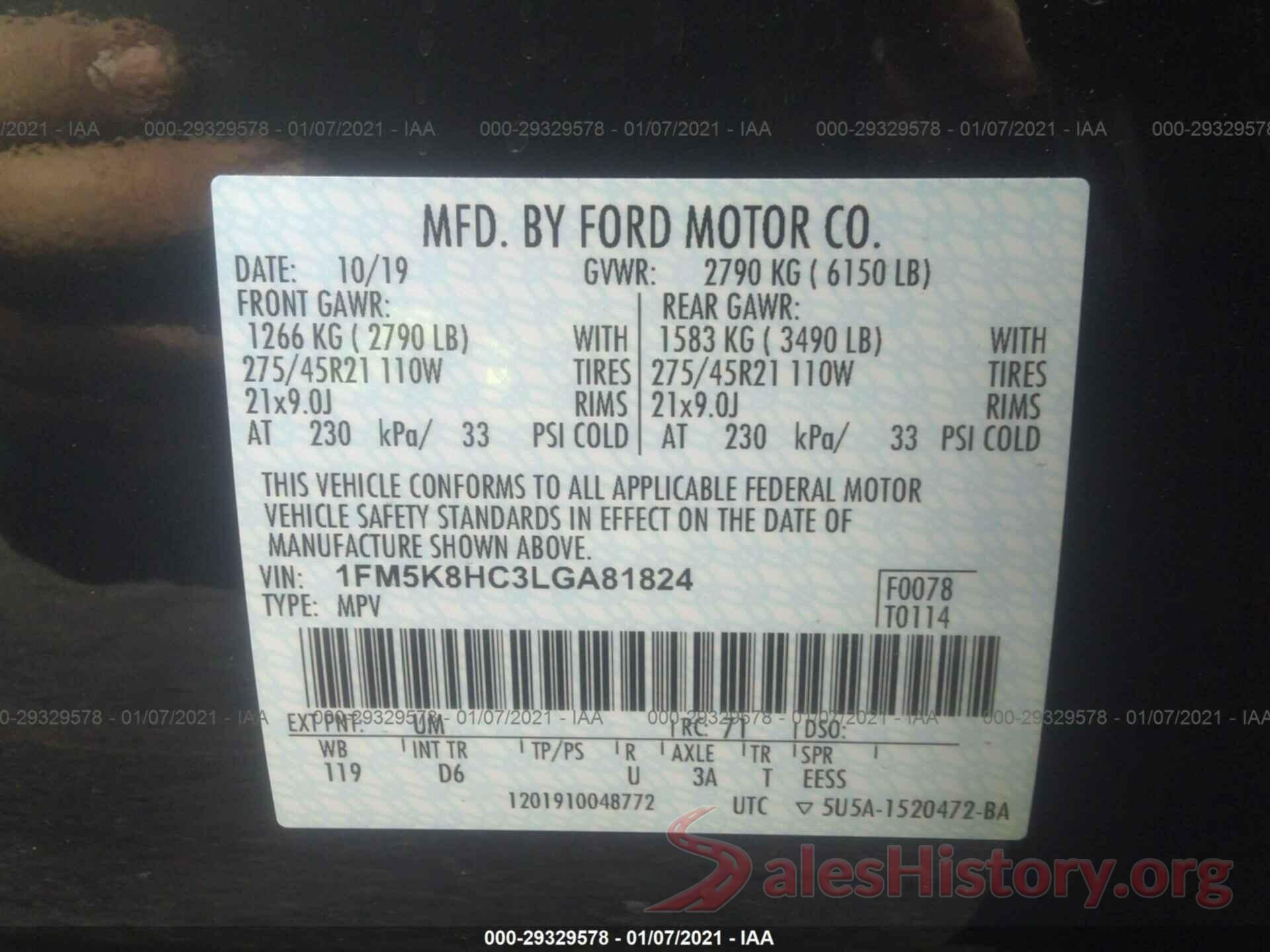 1FM5K8HC3LGA81824 2020 FORD EXPLORER