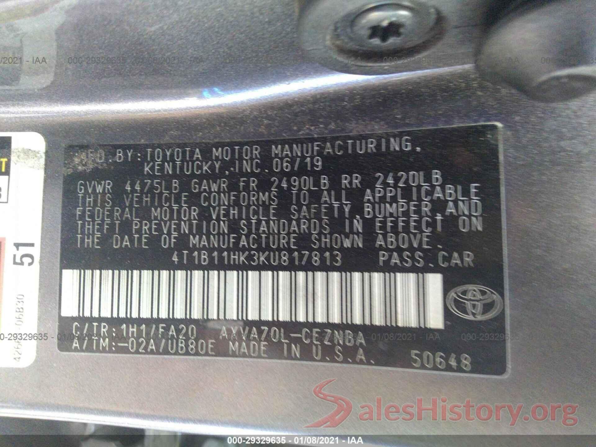 4T1B11HK3KU817813 2019 TOYOTA CAMRY