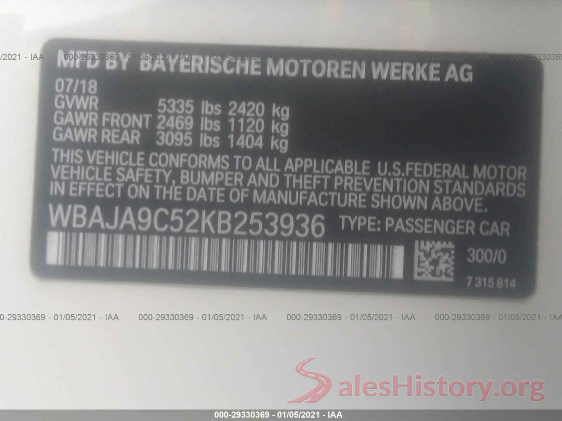 WBAJA9C52KB253936 2019 BMW 5 SERIES