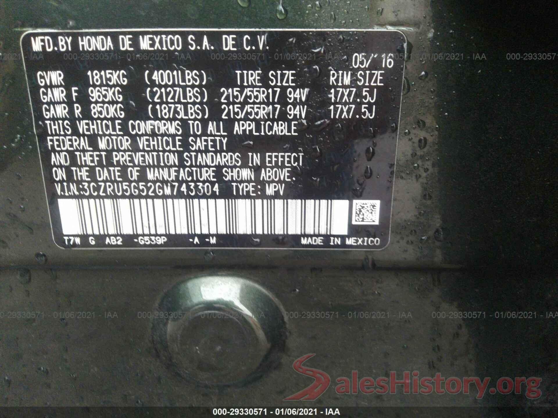 3CZRU5G52GM743304 2016 HONDA HR-V