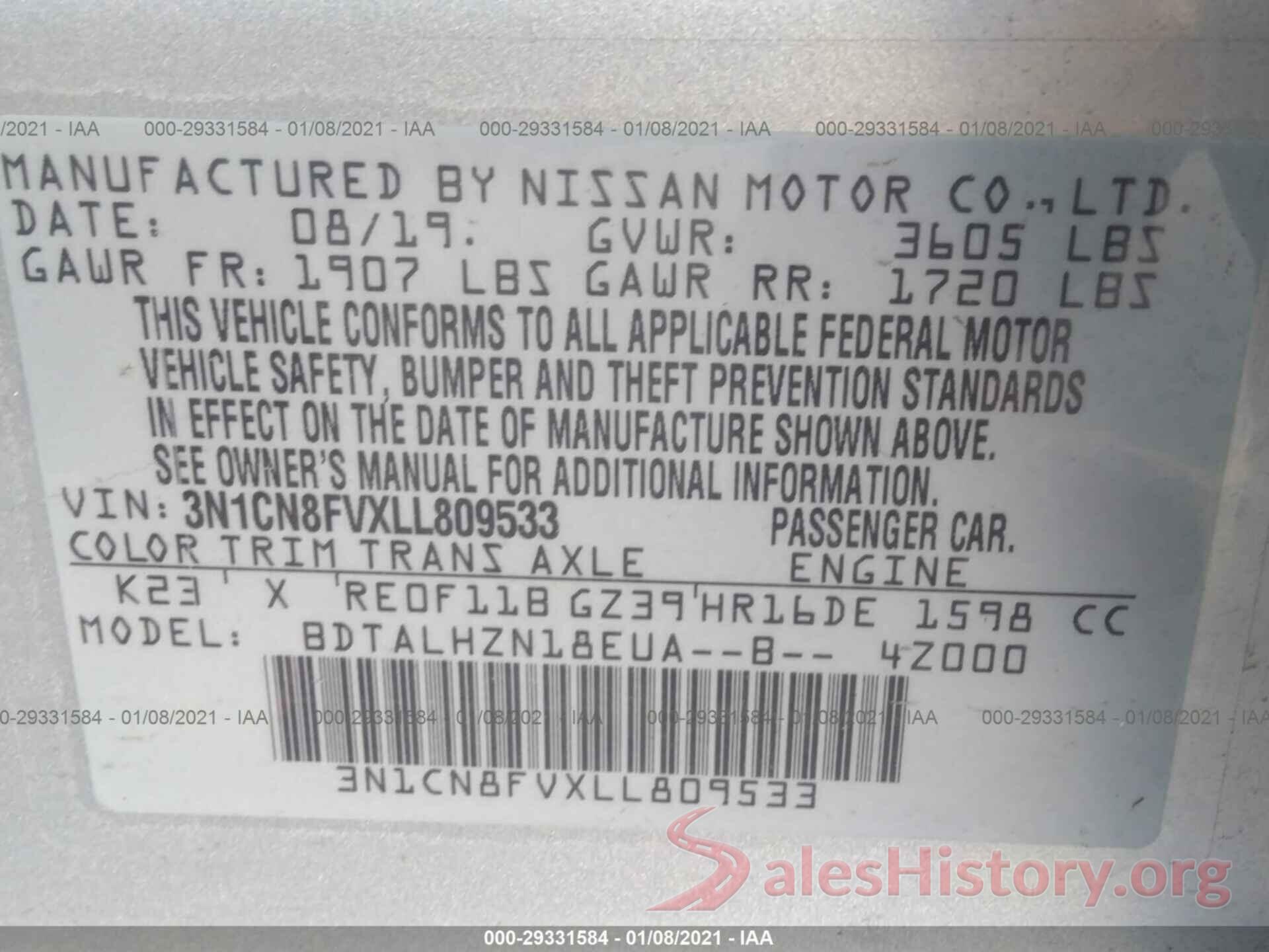 3N1CN8FVXLL809533 2020 NISSAN VERSA