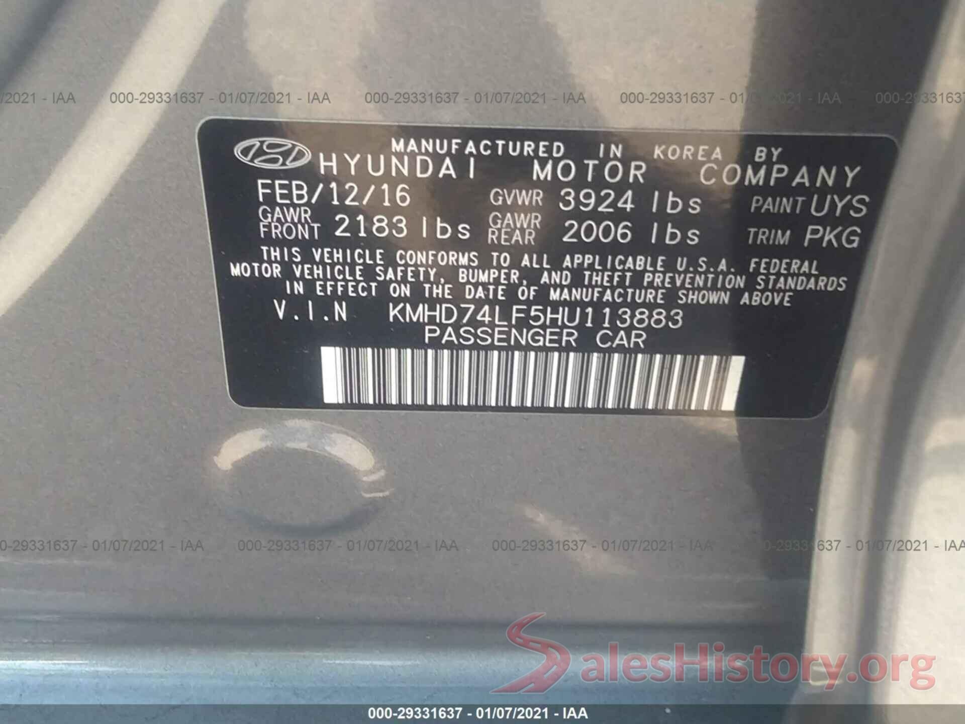 KMHD74LF5HU113883 2017 HYUNDAI ELANTRA