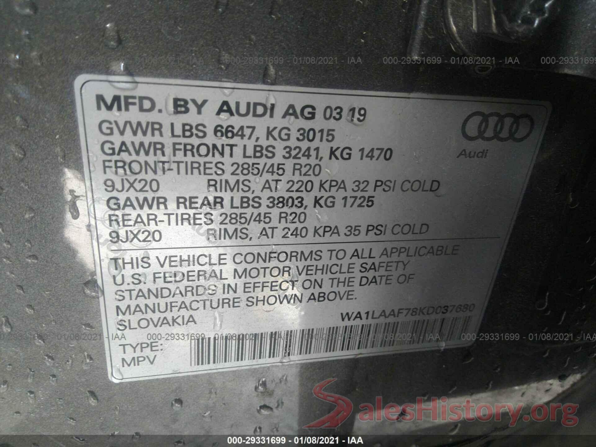 WA1LAAF78KD037680 2019 AUDI Q7