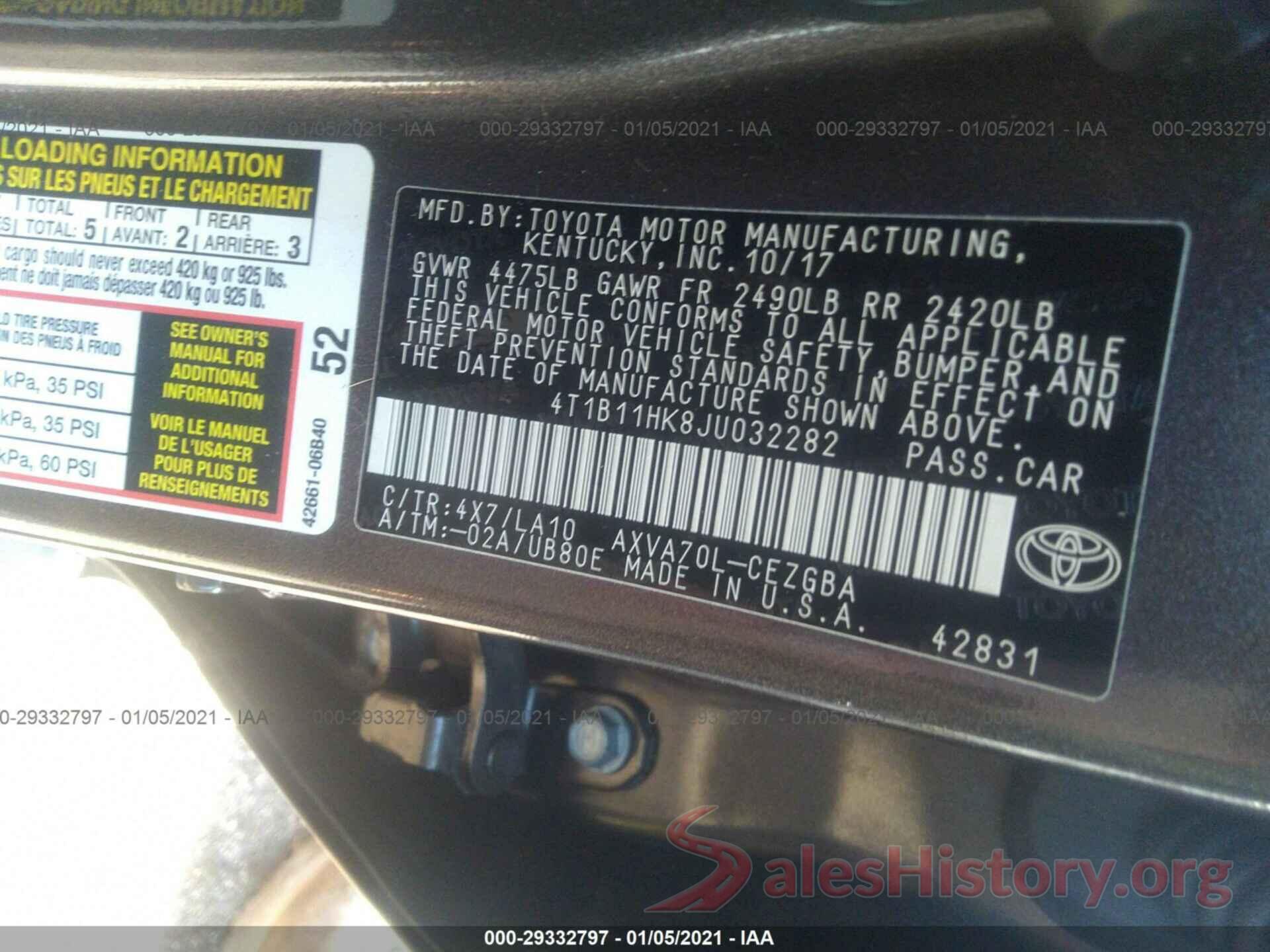 4T1B11HK8JU032282 2018 TOYOTA CAMRY