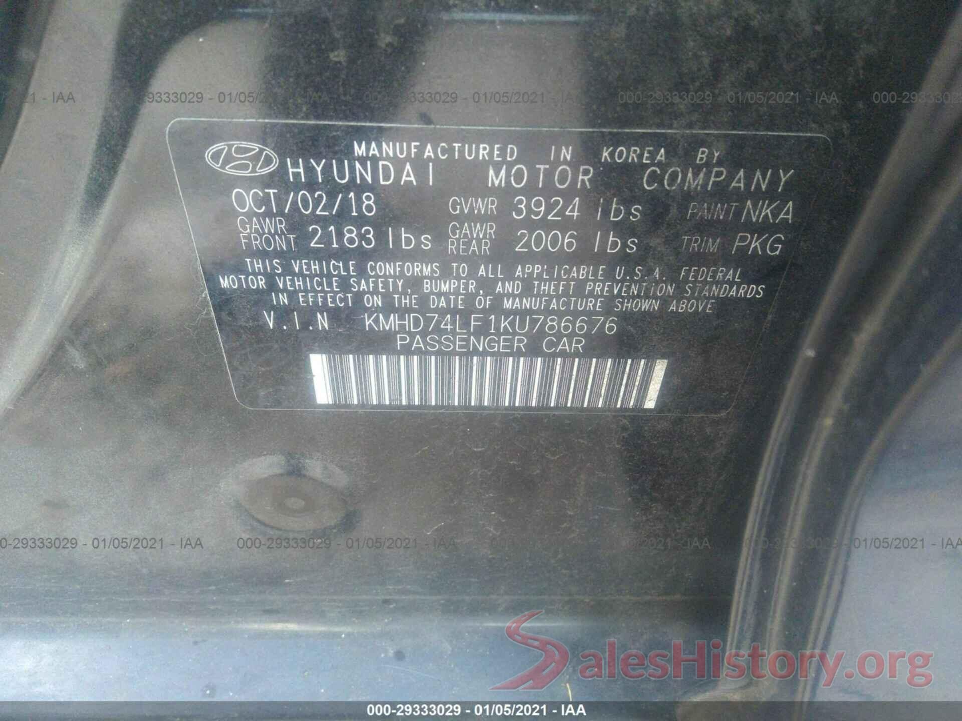 KMHD74LF1KU786676 2019 HYUNDAI ELANTRA