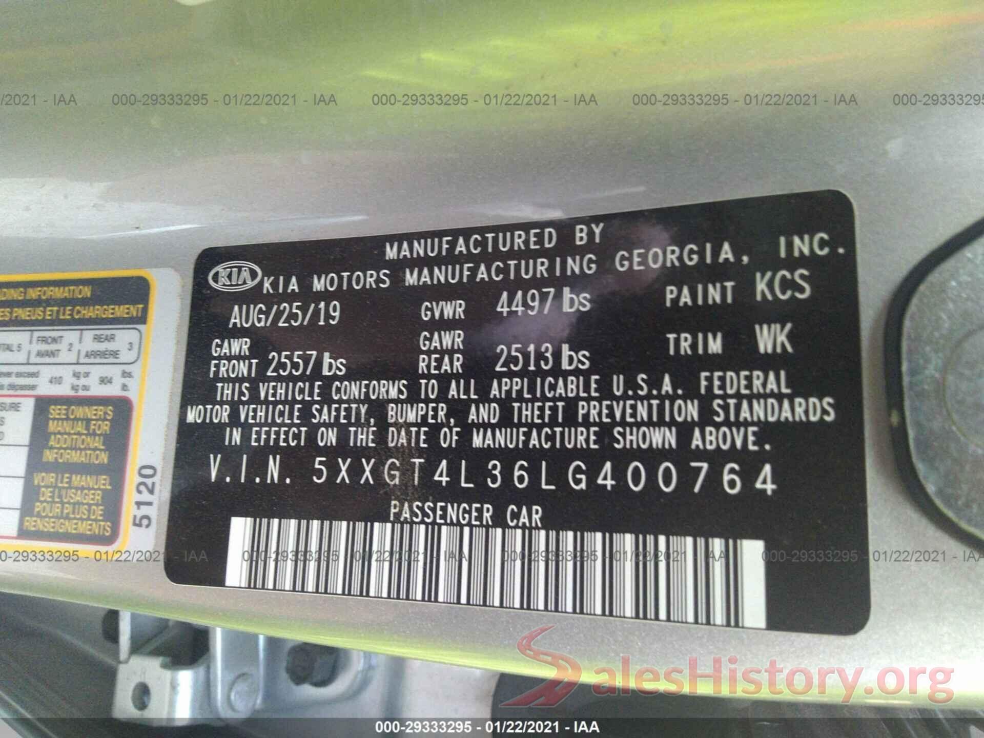 5XXGT4L36LG400764 2020 KIA OPTIMA