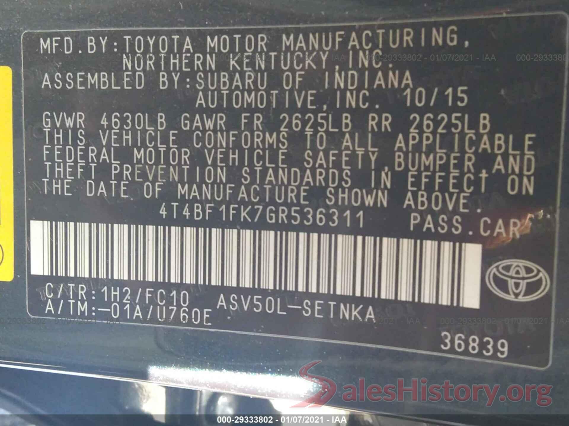 4T4BF1FK7GR536311 2016 TOYOTA CAMRY