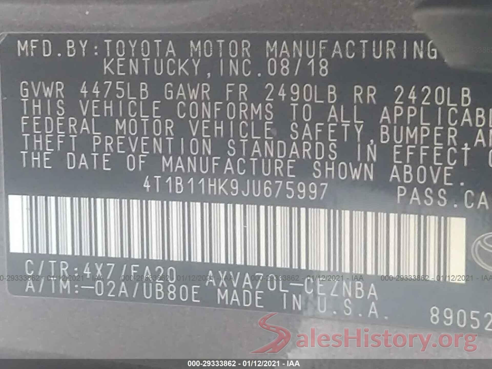 4T1B11HK9JU675997 2018 TOYOTA CAMRY