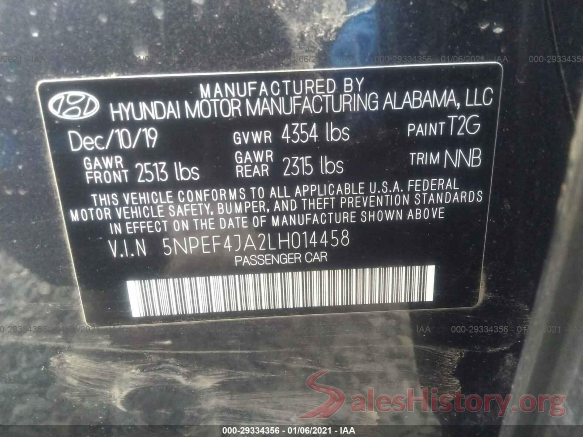 5NPEF4JA2LH014458 2020 HYUNDAI SONATA