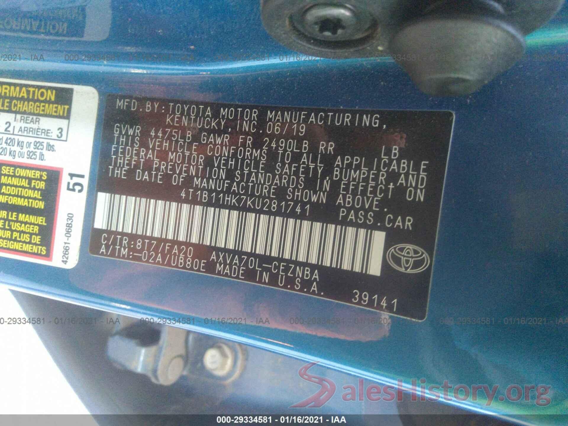 4T1B11HK7KU281741 2019 TOYOTA CAMRY