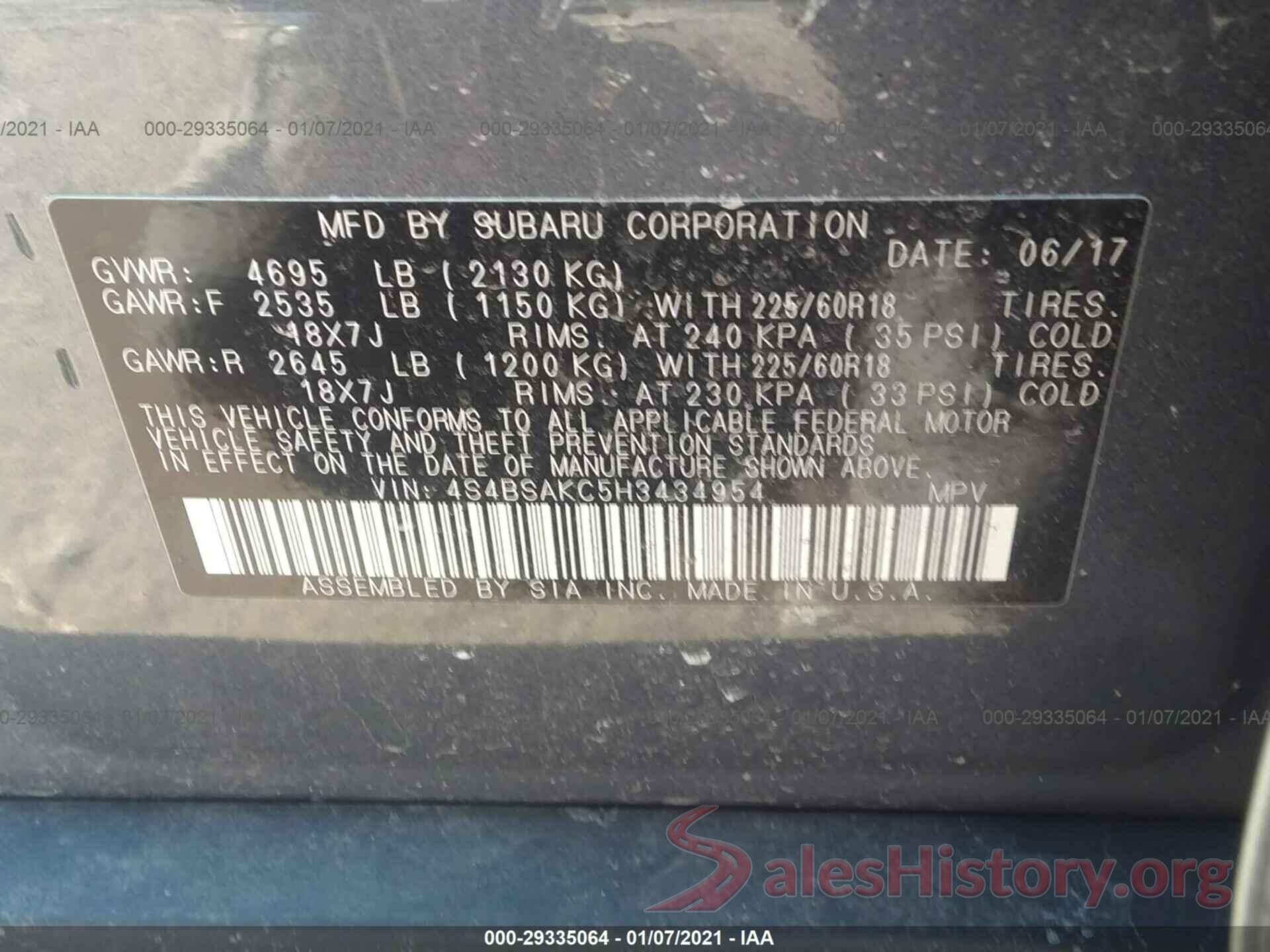 4S4BSAKC5H3434954 2017 SUBARU OUTBACK