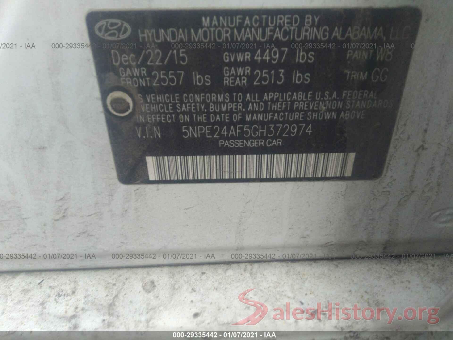 5NPE24AF5GH372974 2016 HYUNDAI SONATA