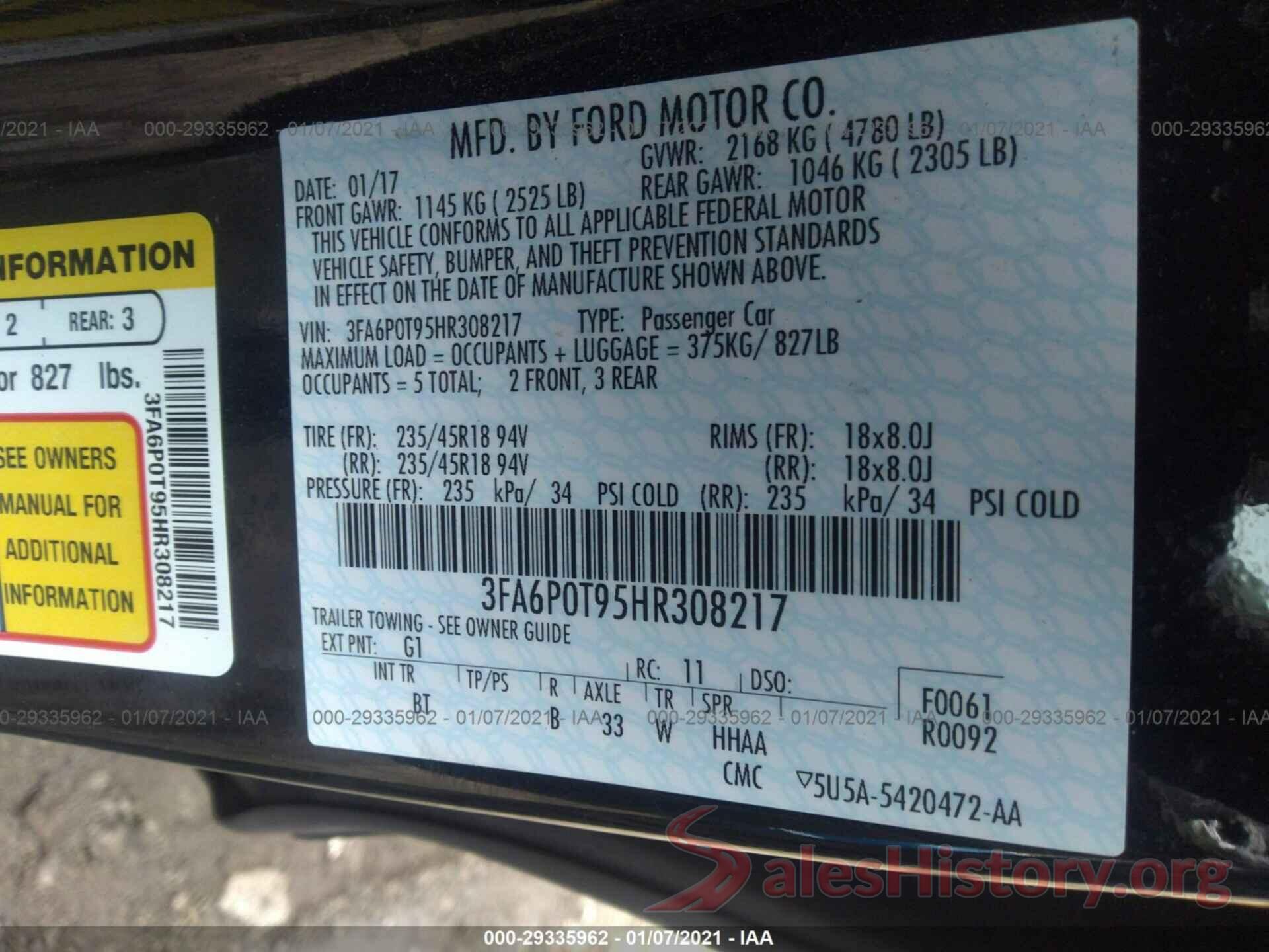 3FA6P0T95HR308217 2017 FORD FUSION