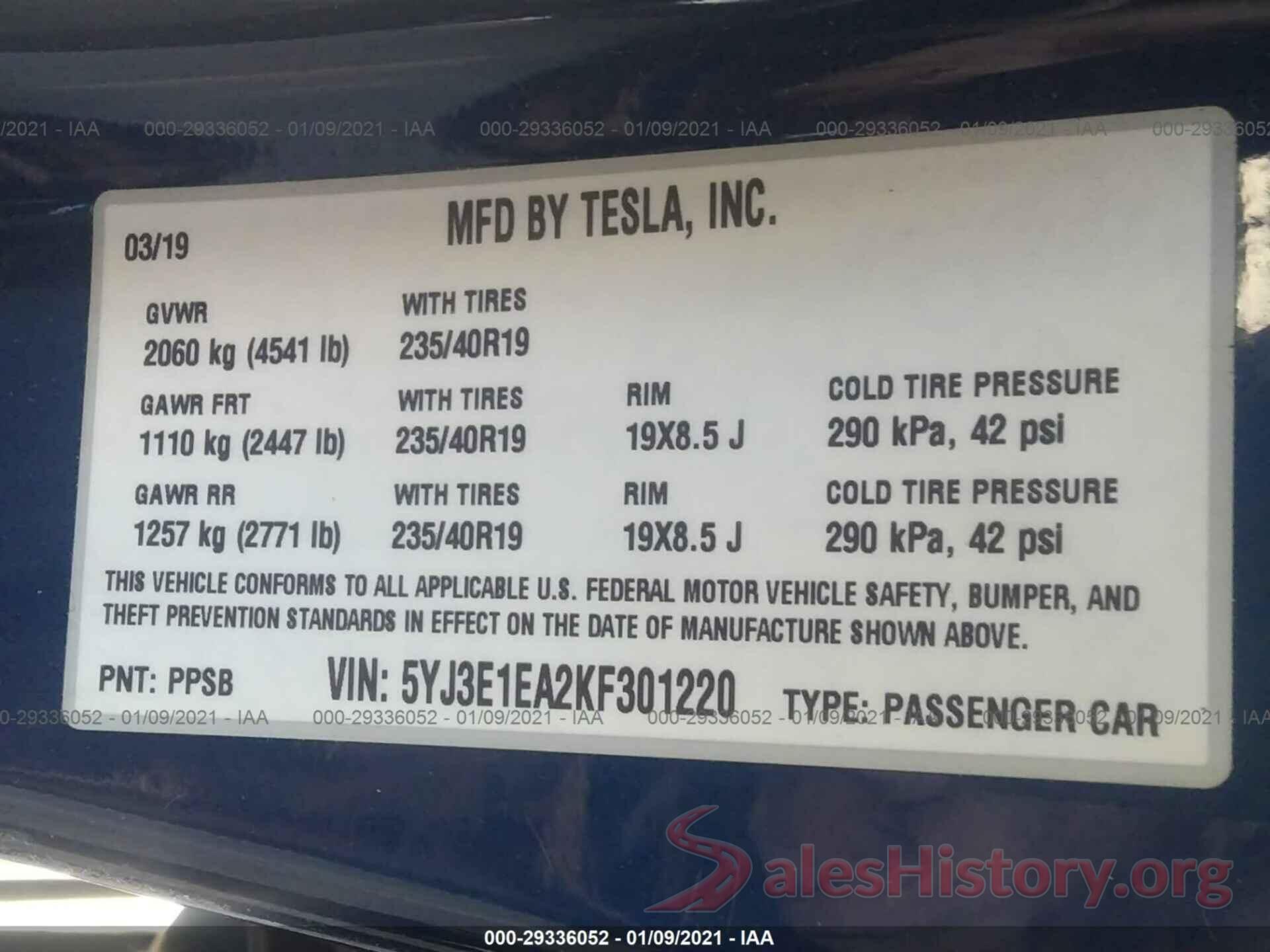 5YJ3E1EA2KF301220 2019 TESLA MODEL 3