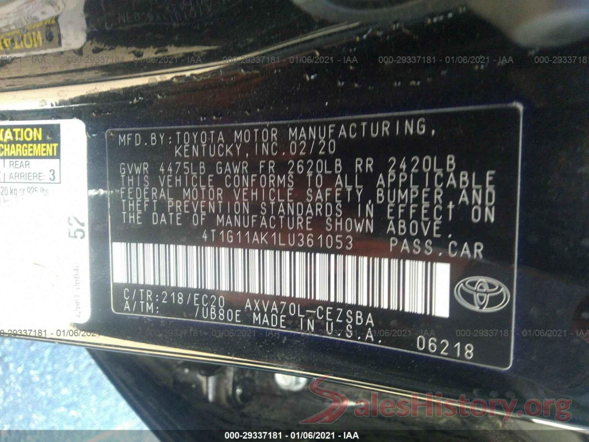 4T1G11AK1LU361053 2020 TOYOTA CAMRY