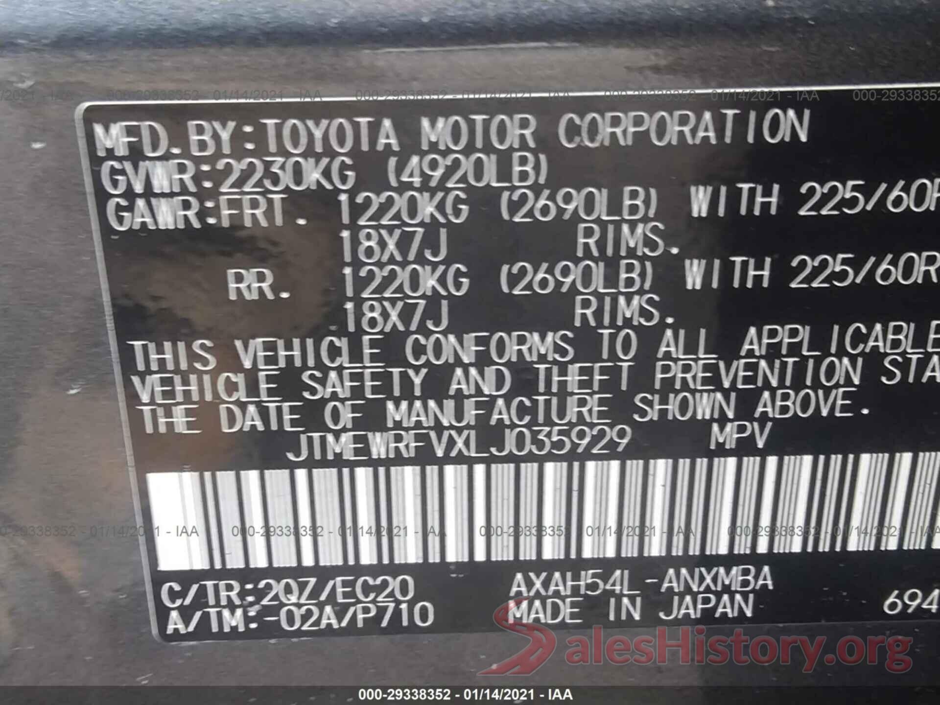 JTMEWRFVXLJ035929 2020 TOYOTA RAV4