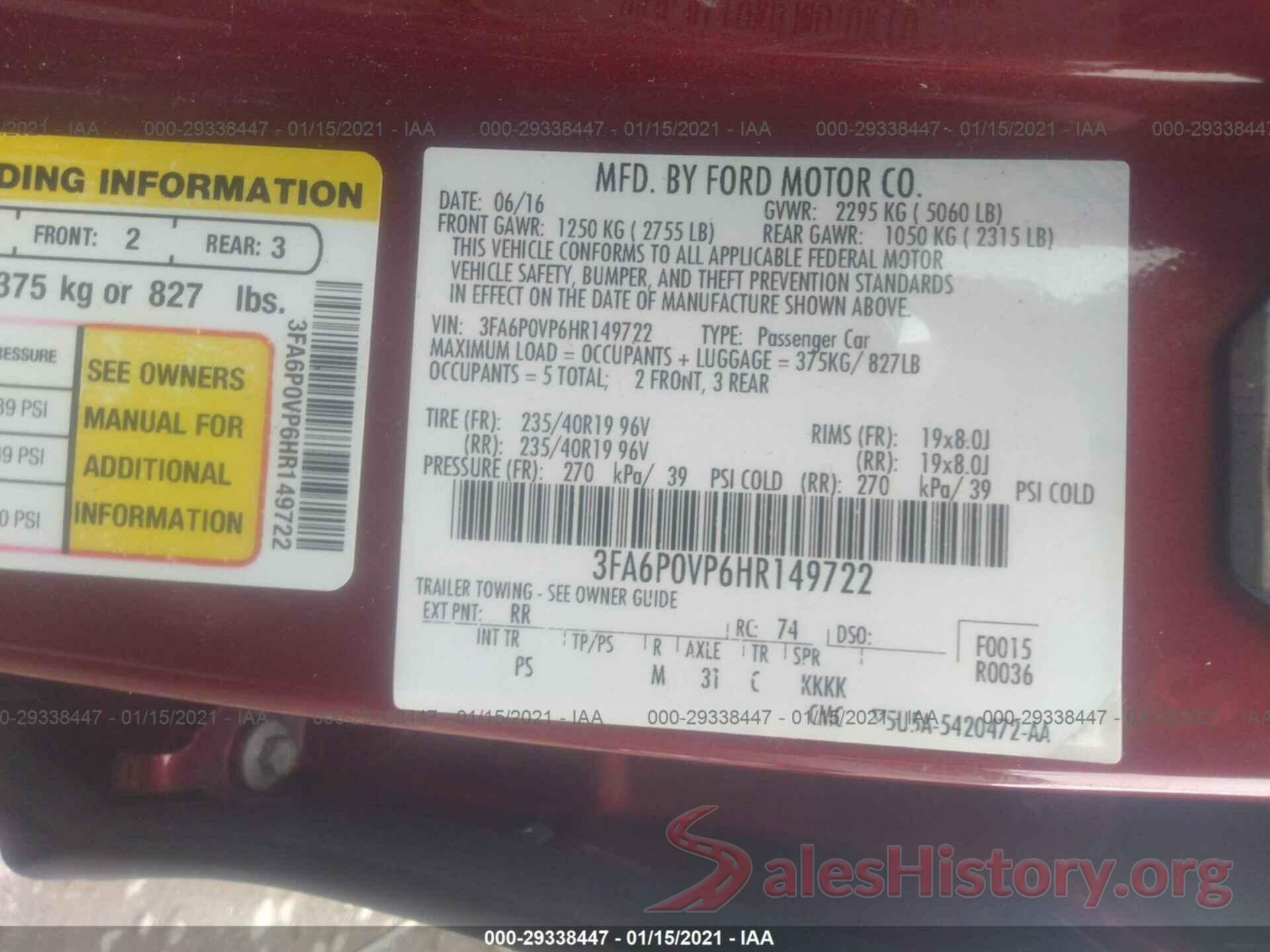 3FA6P0VP6HR149722 2017 FORD FUSION