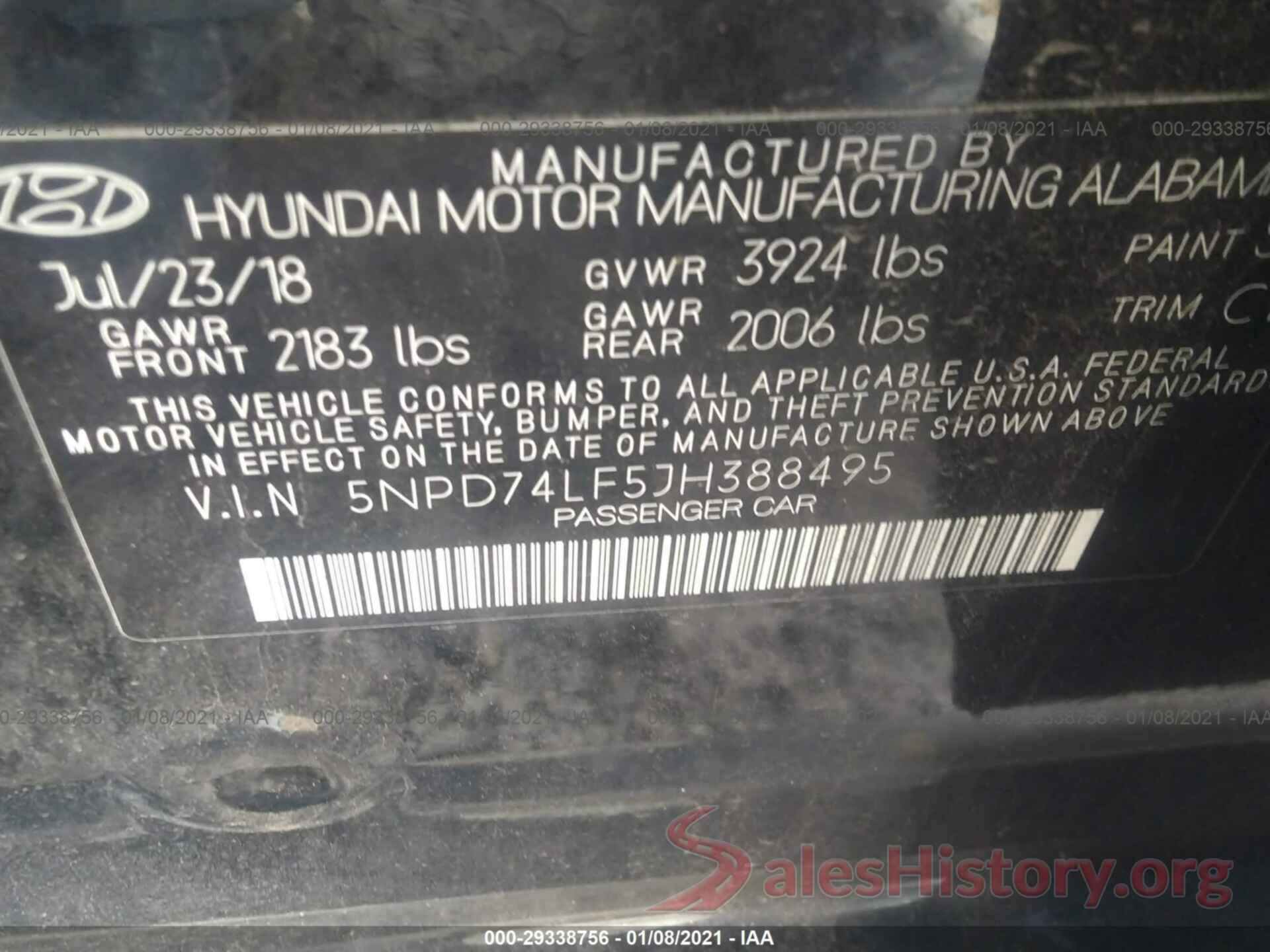 5NPD74LF5JH388495 2018 HYUNDAI ELANTRA