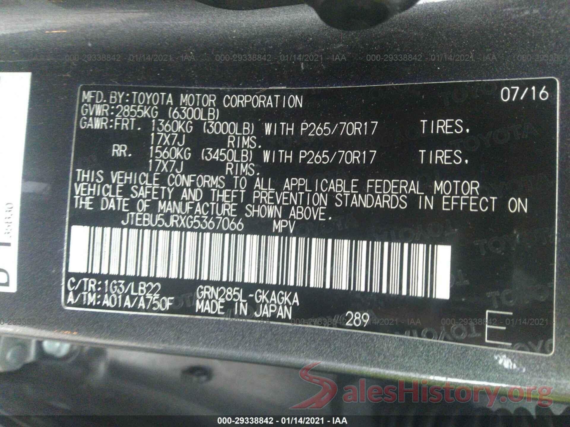 JTEBU5JRXG5367066 2016 TOYOTA 4RUNNER