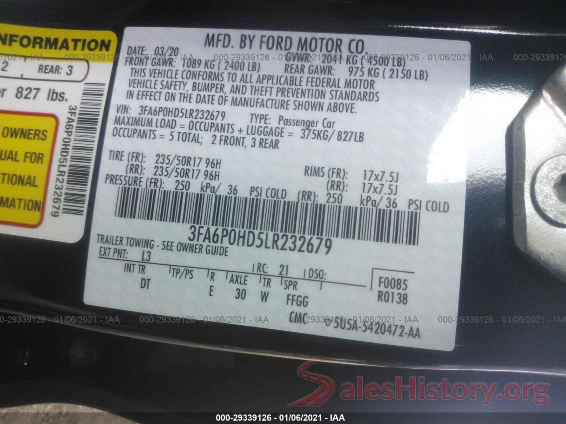 3FA6P0HD5LR232679 2020 FORD FUSION