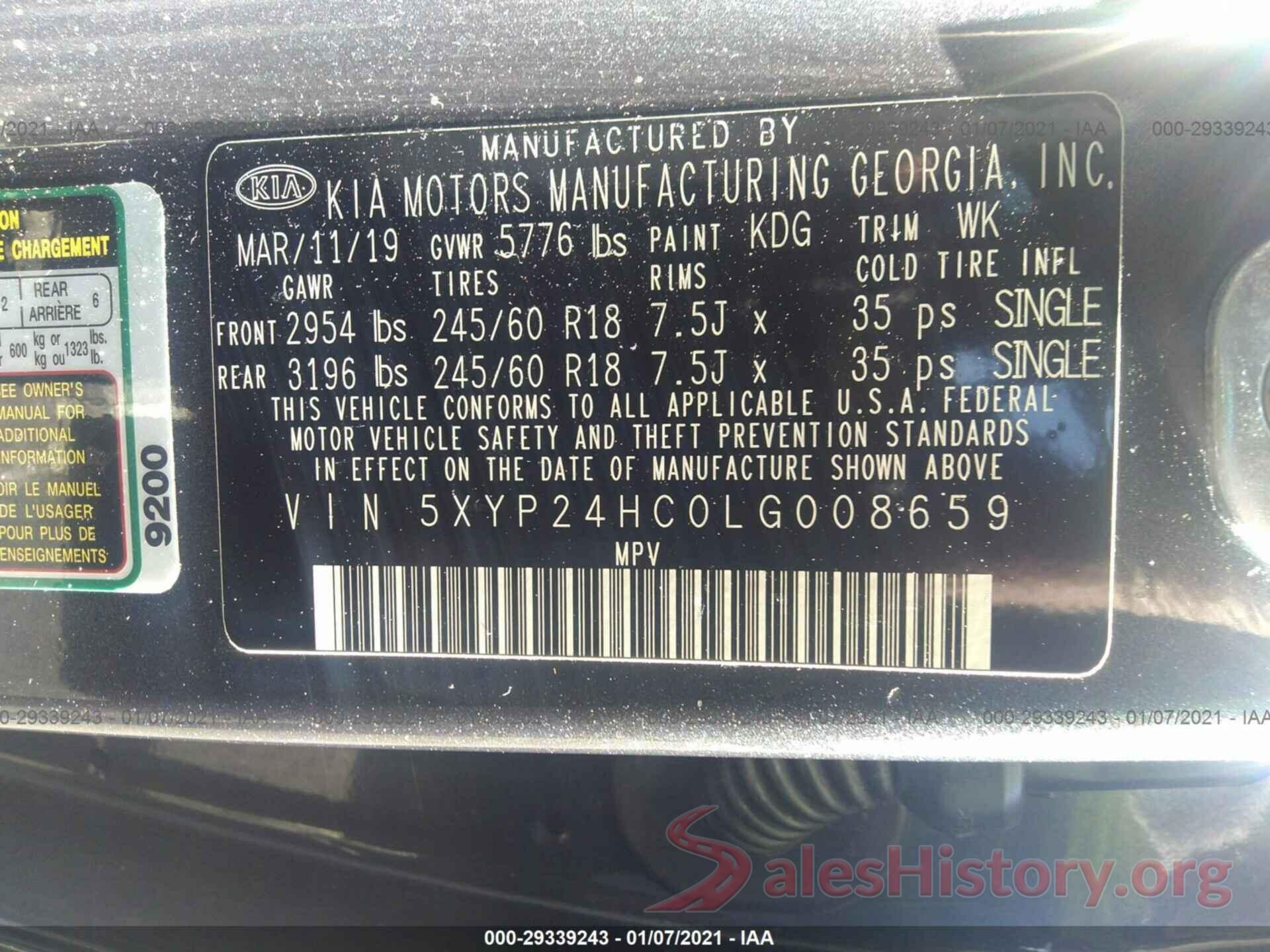 5XYP24HC0LG008659 2020 KIA TELLURIDE