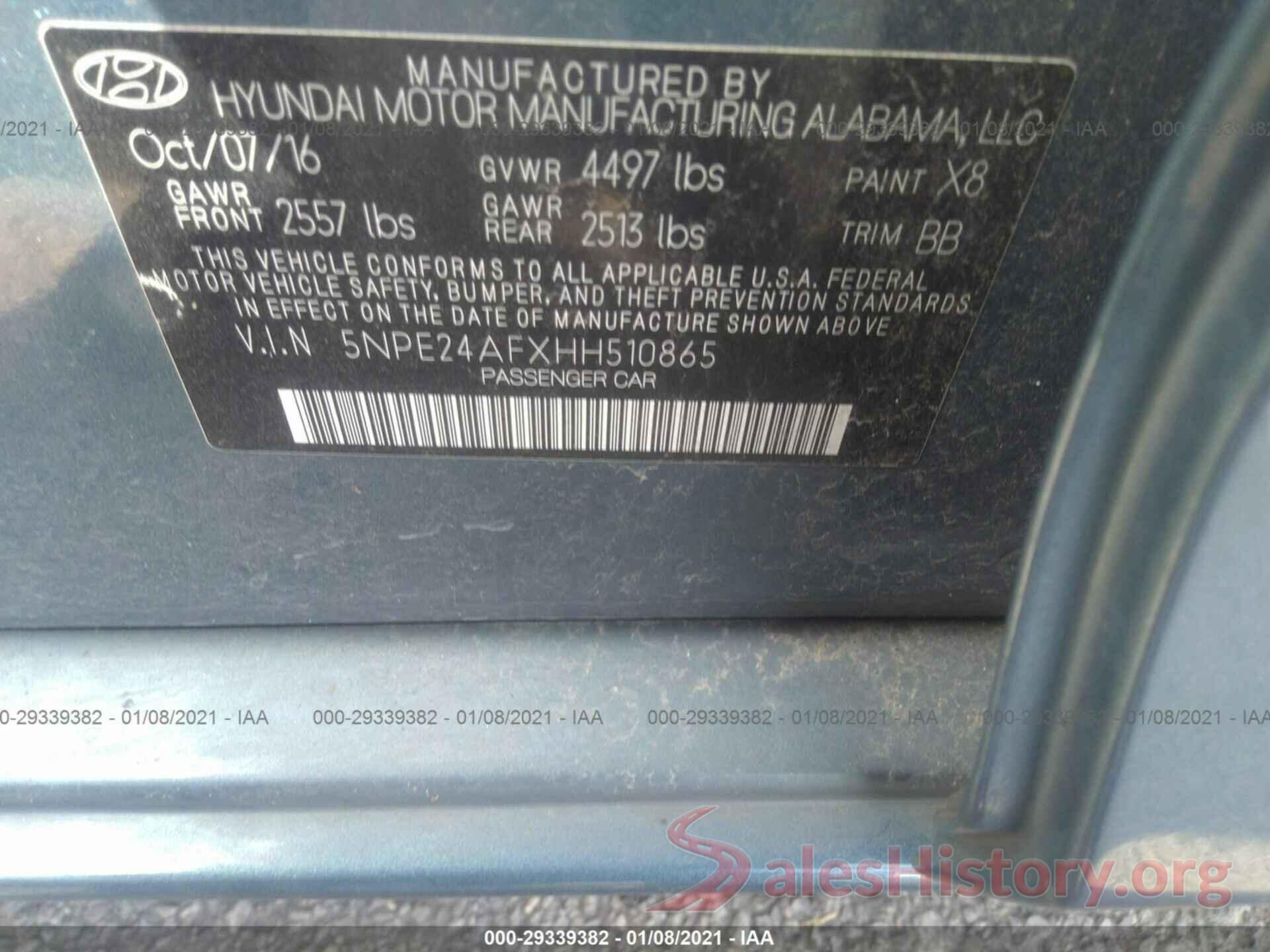 5NPE24AFXHH510865 2017 HYUNDAI SONATA