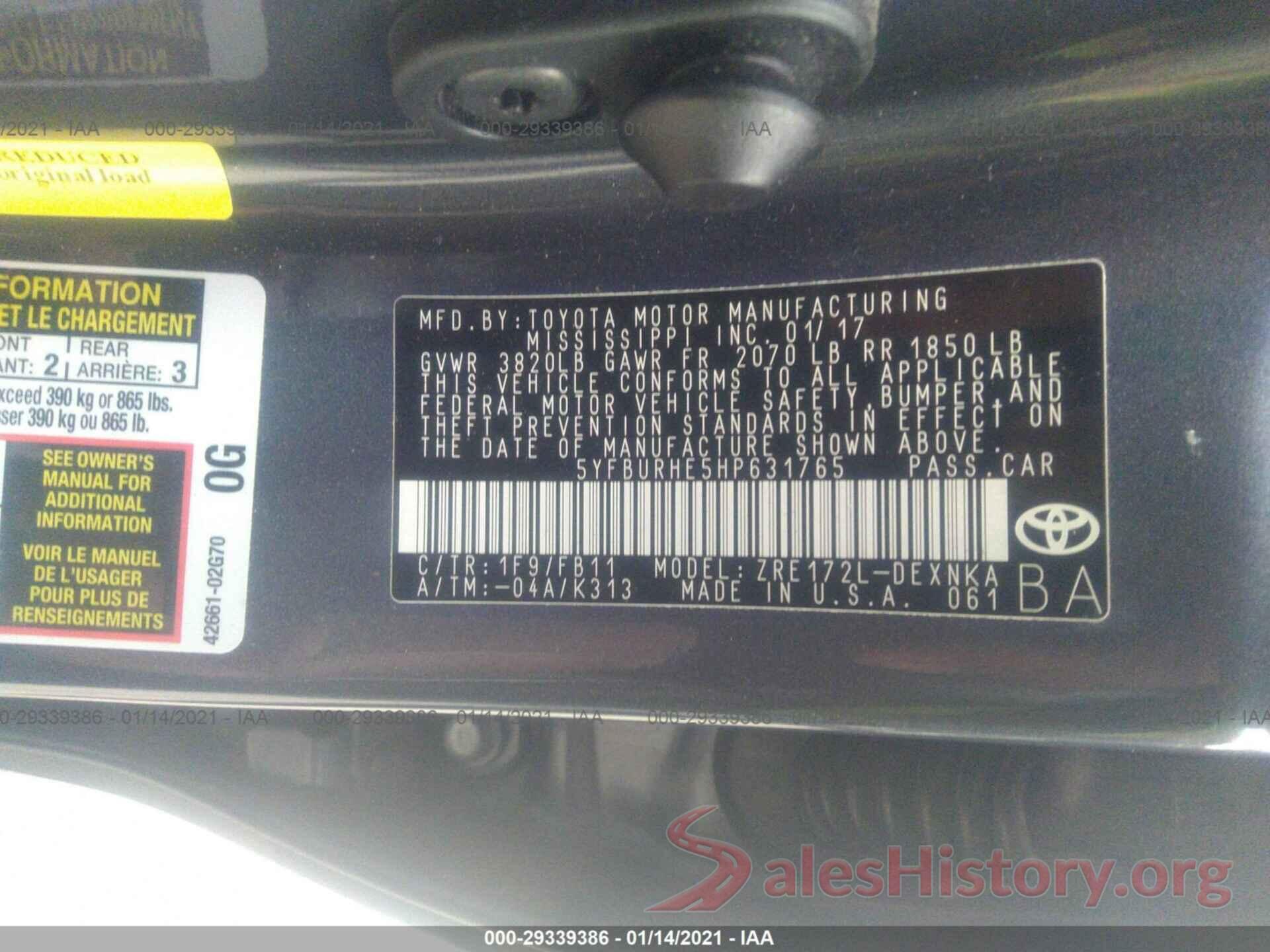 5YFBURHE5HP631765 2017 TOYOTA COROLLA