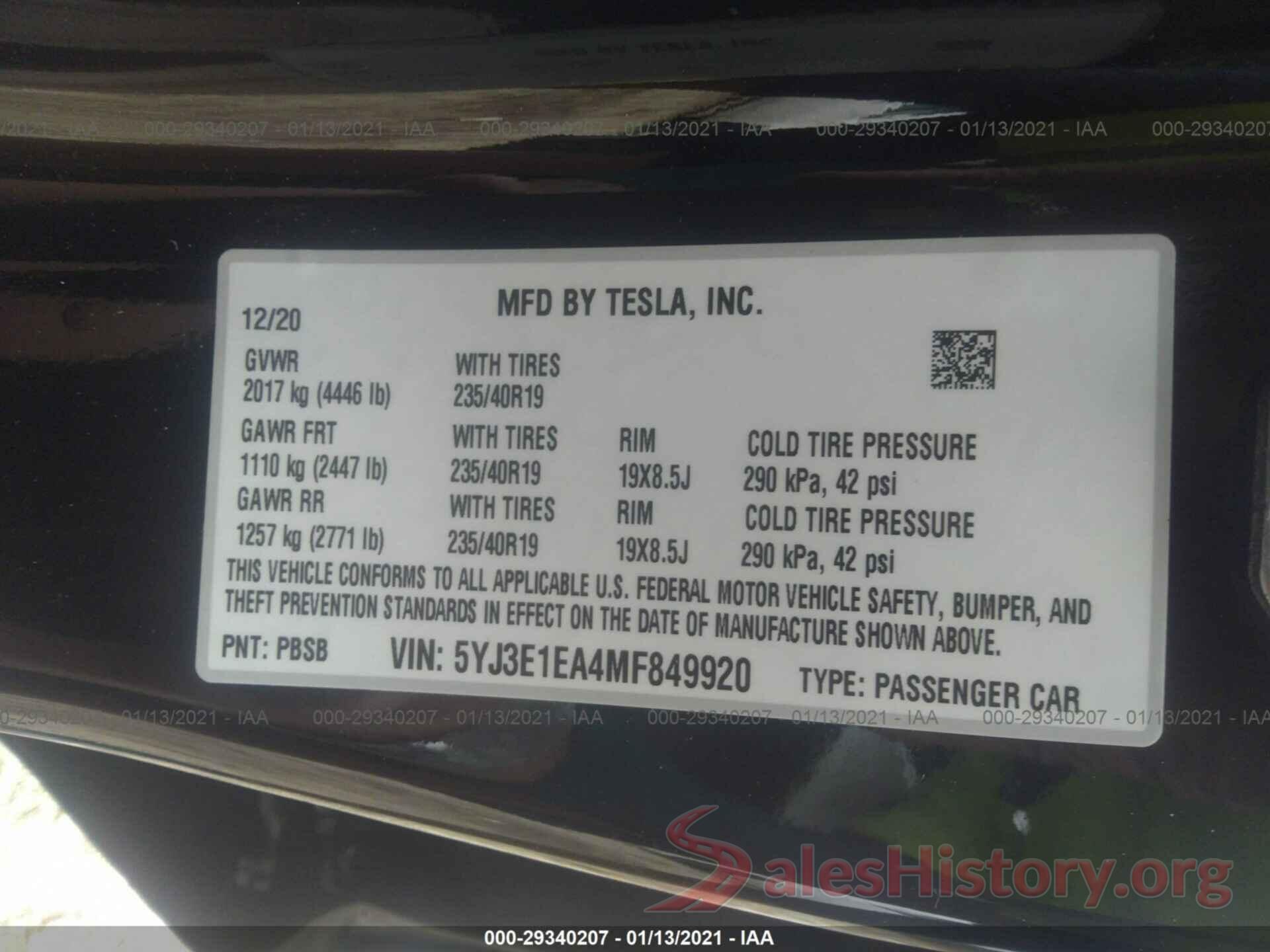 5YJ3E1EA4MF849920 2021 TESLA MODEL 3