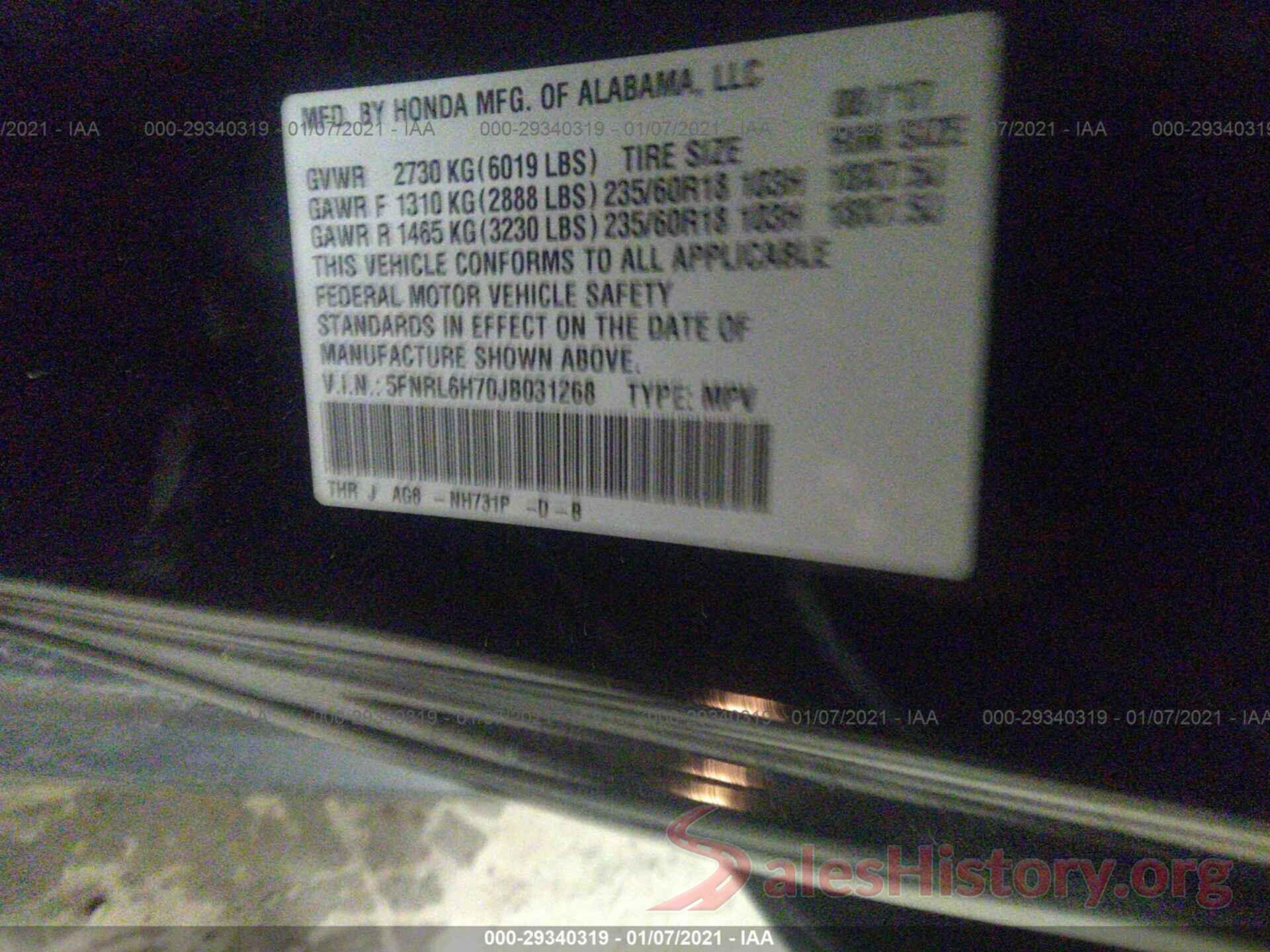 5FNRL6H70JB031268 2018 HONDA ODYSSEY