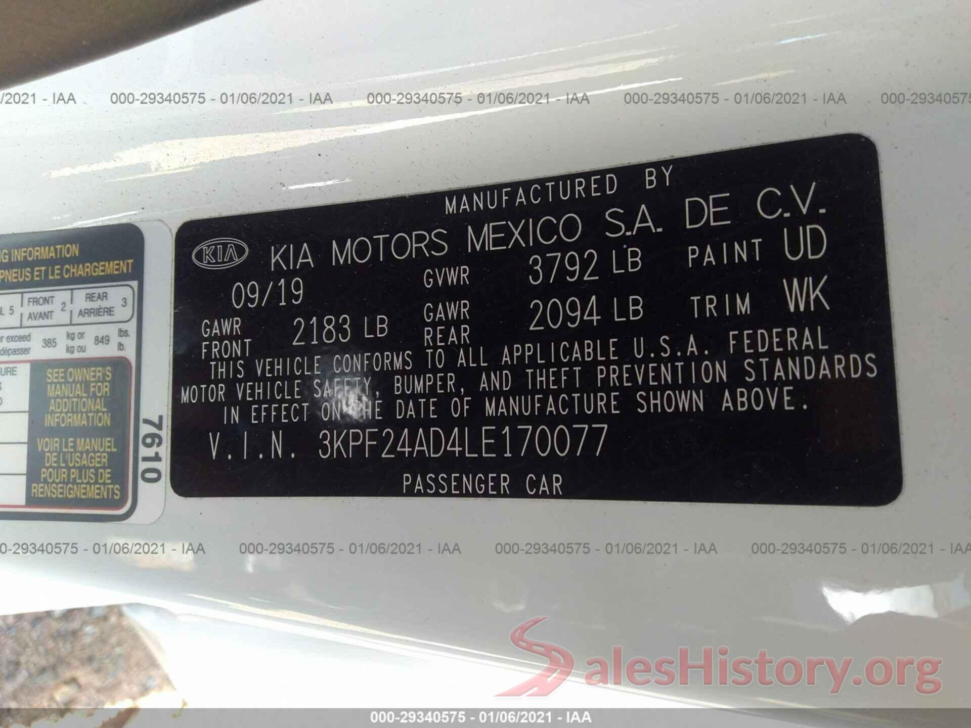 3KPF24AD4LE170077 2020 KIA FORTE