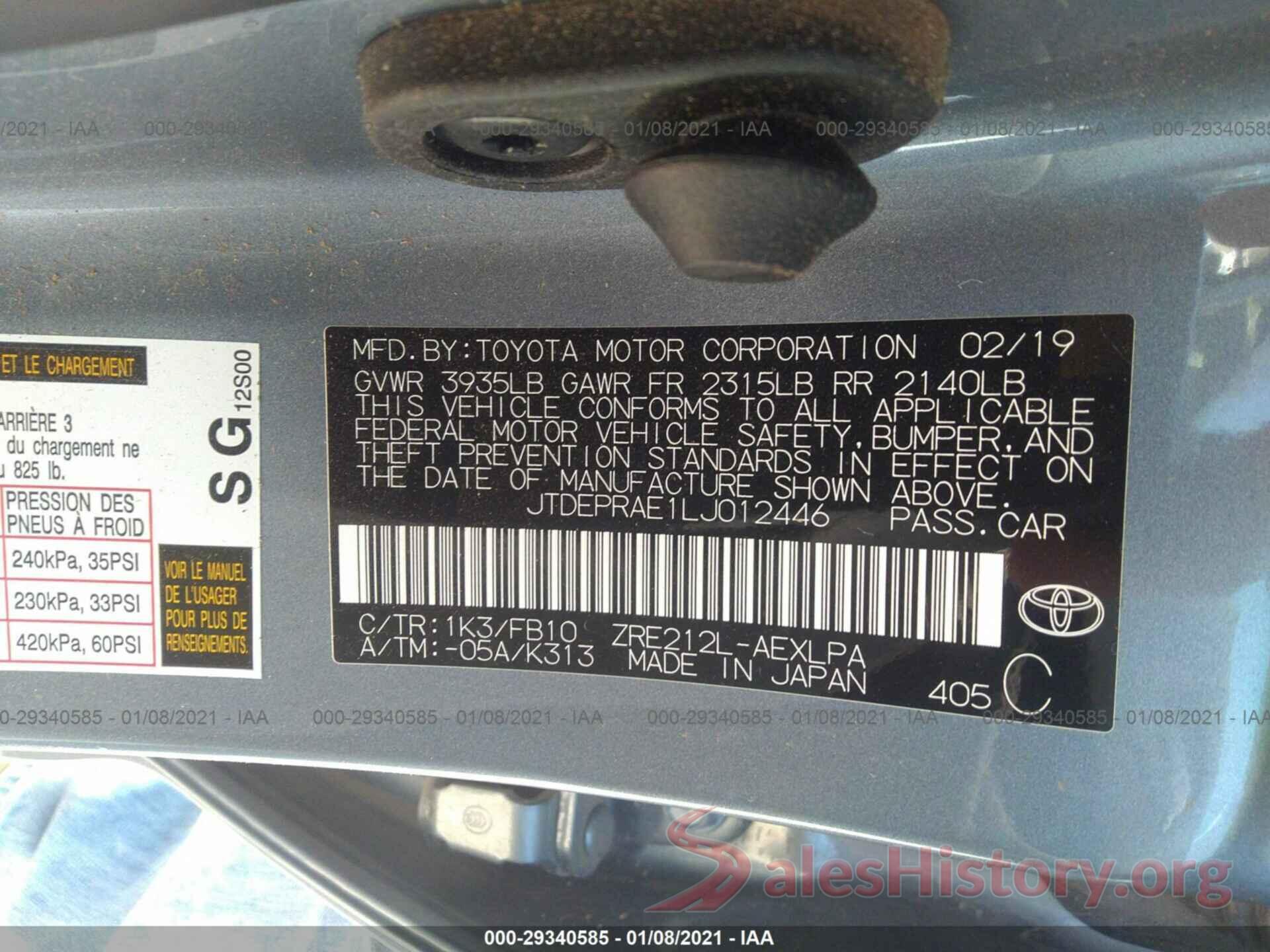 JTDEPRAE1LJ012446 2020 TOYOTA COROLLA