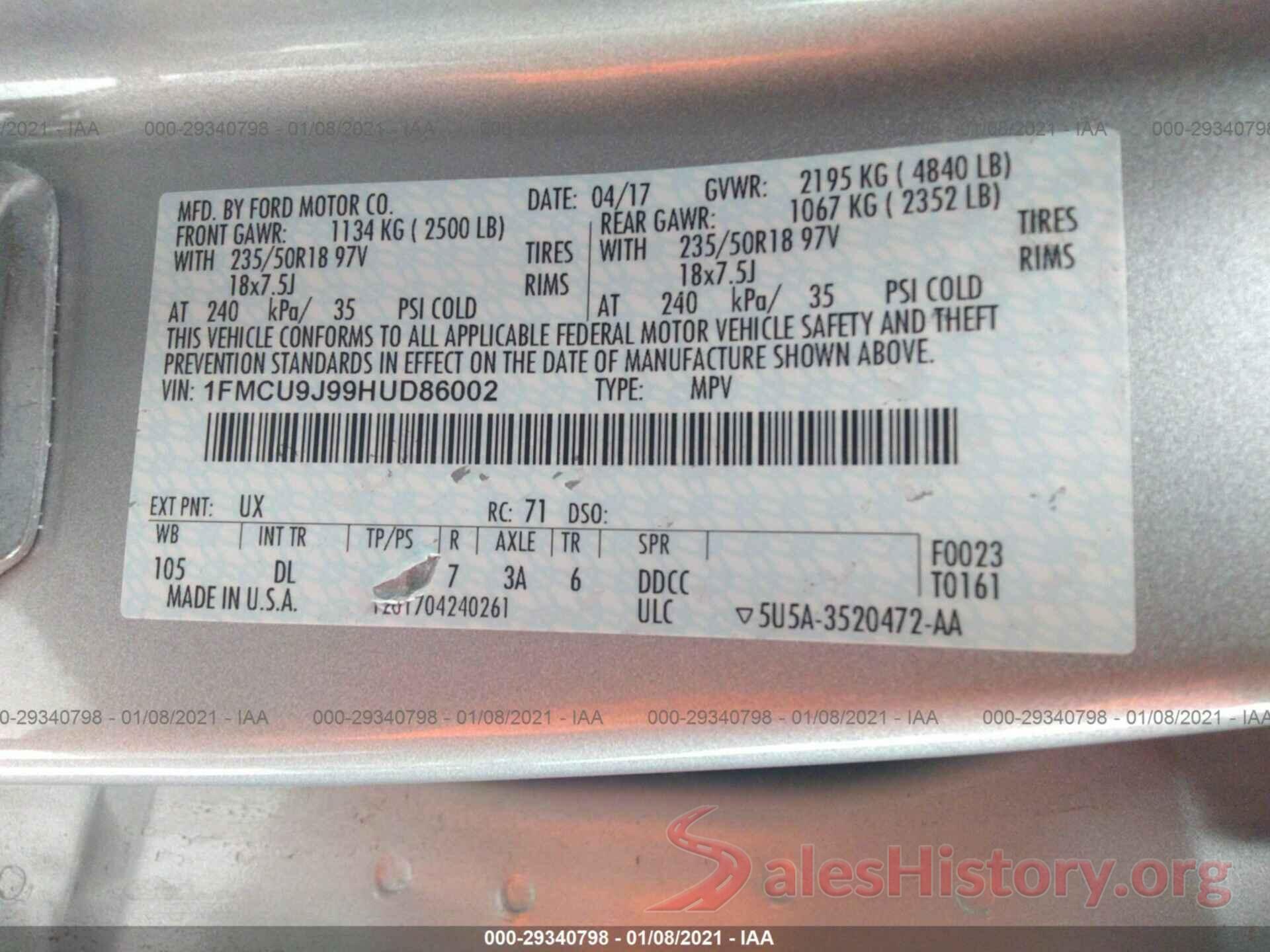 1FMCU9J99HUD86002 2017 FORD ESCAPE