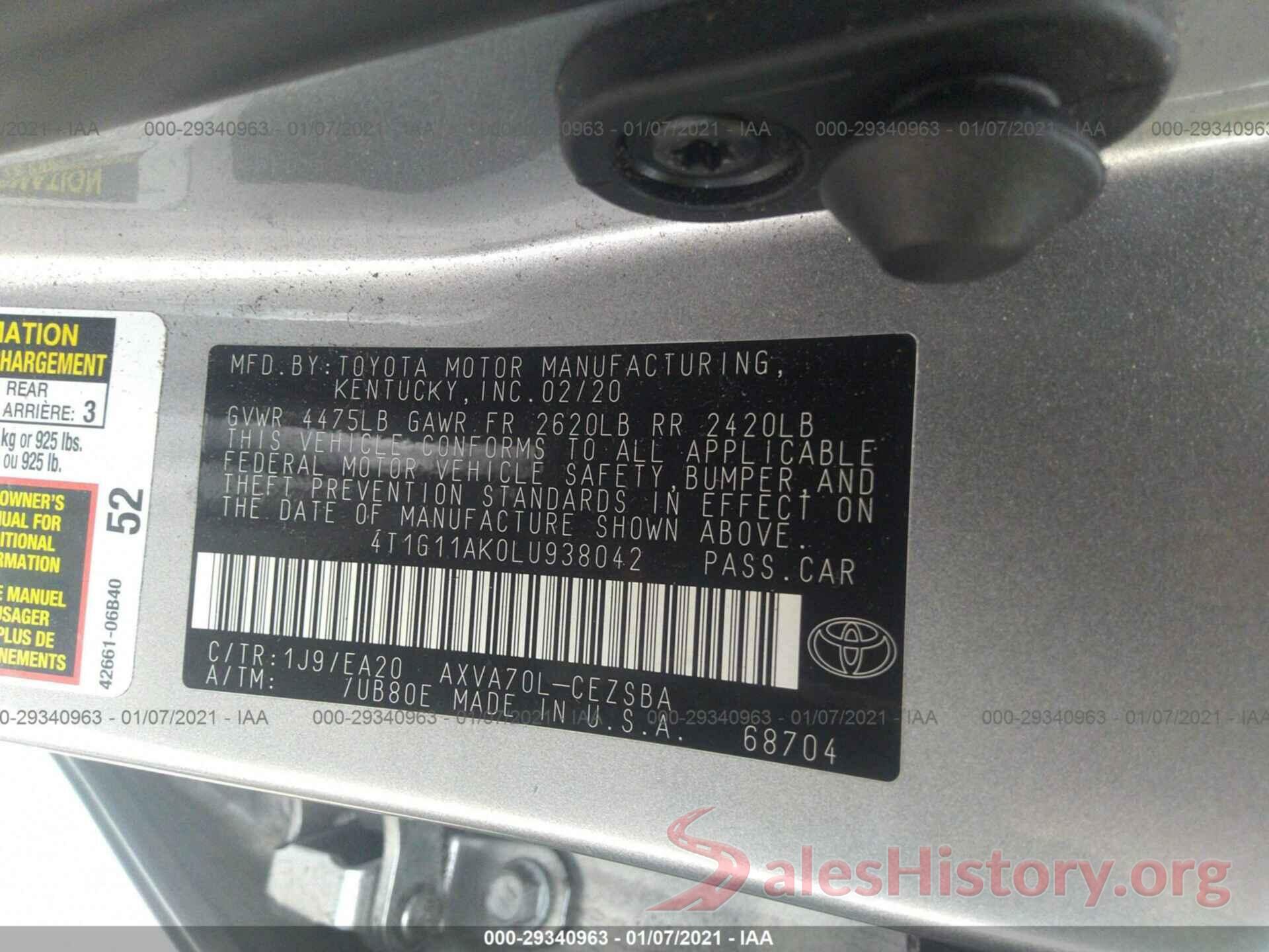 4T1G11AK0LU938042 2020 TOYOTA CAMRY