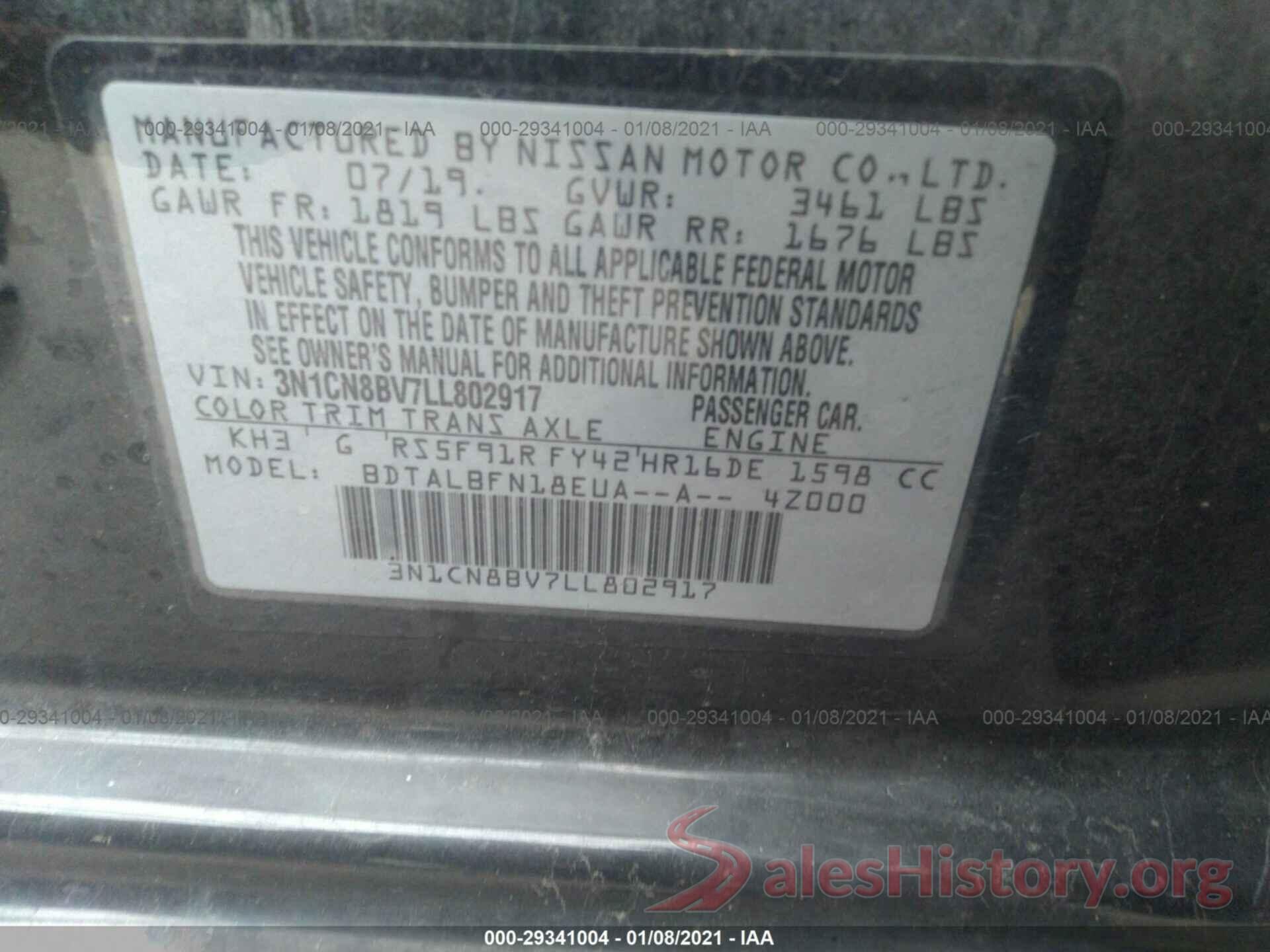 3N1CN8BV7LL802917 2020 NISSAN VERSA