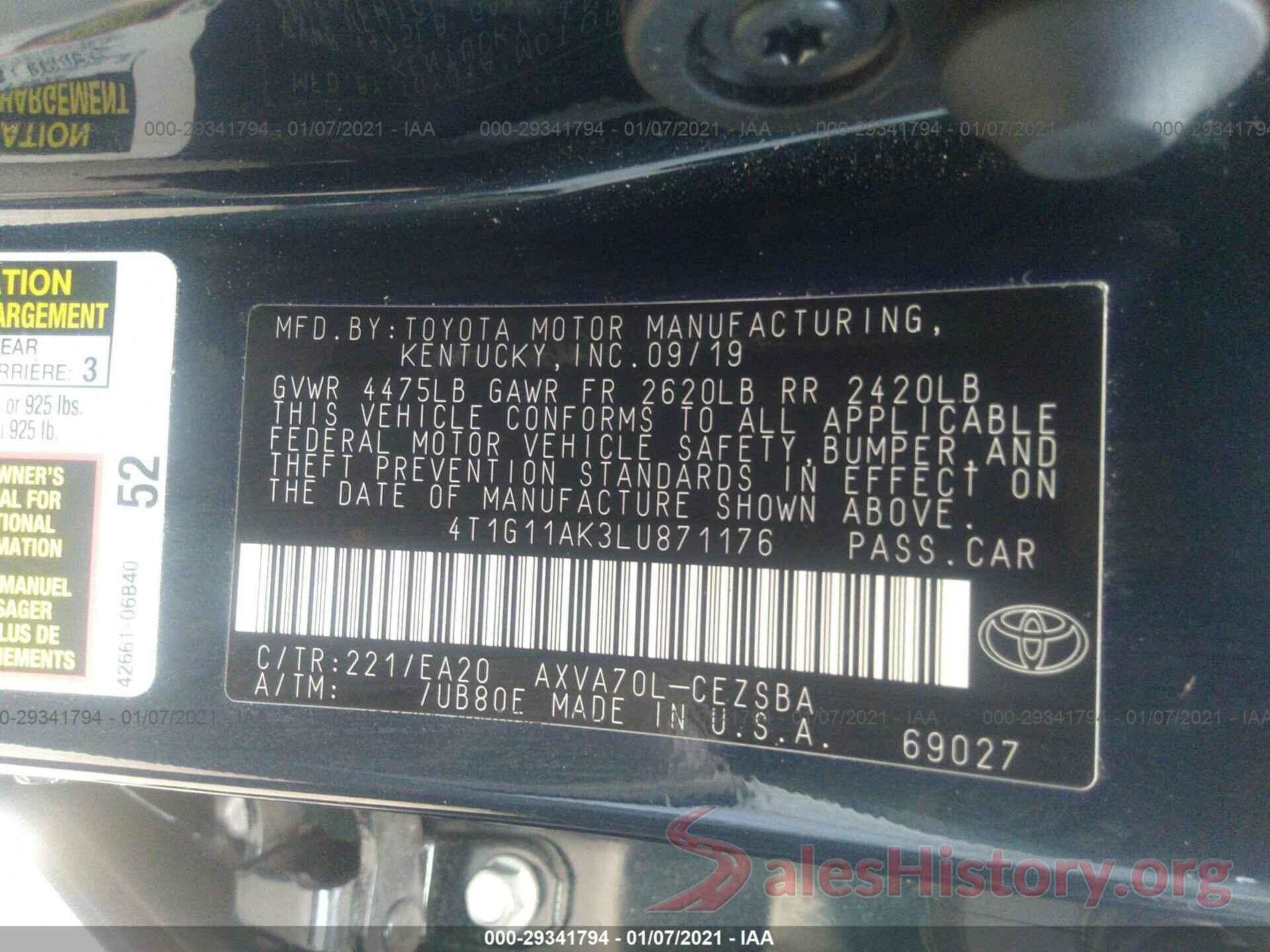 4T1G11AK3LU871176 2020 TOYOTA CAMRY