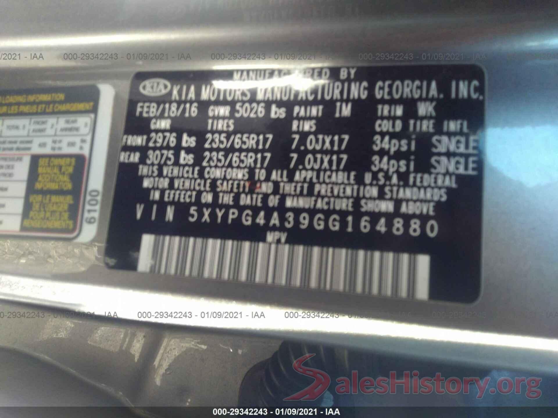 5XYPG4A39GG164880 2016 KIA SORENTO