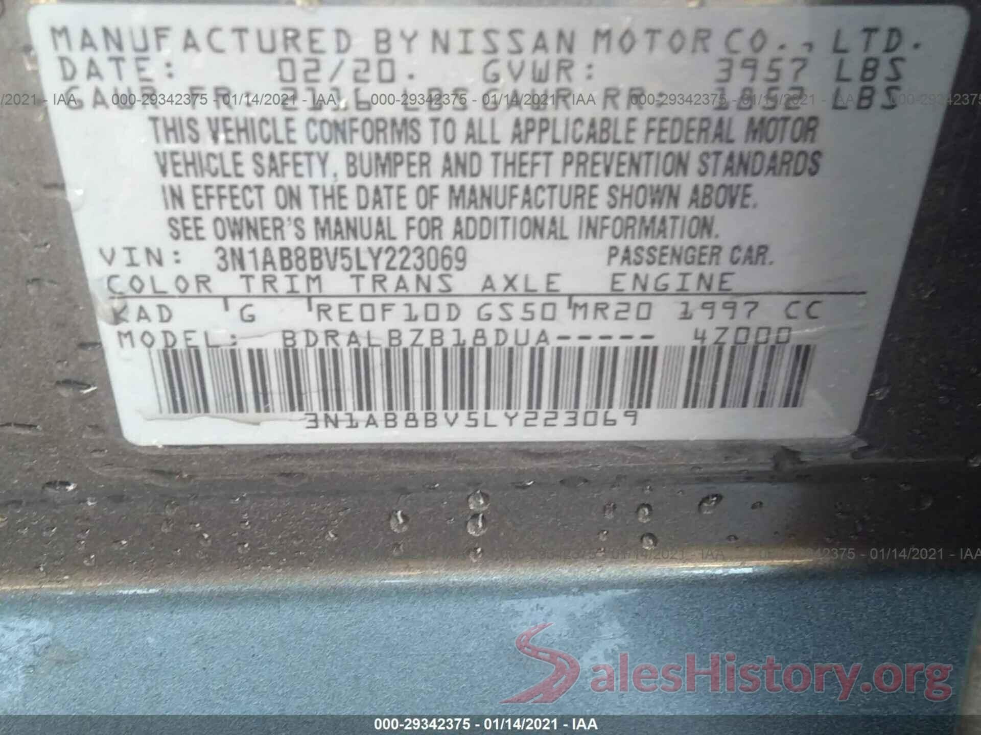 3N1AB8BV5LY223069 2020 NISSAN SENTRA