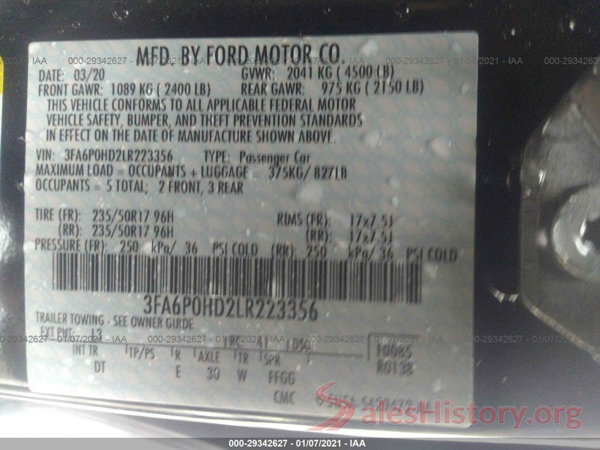 3FA6P0HD2LR223356 2020 FORD FUSION