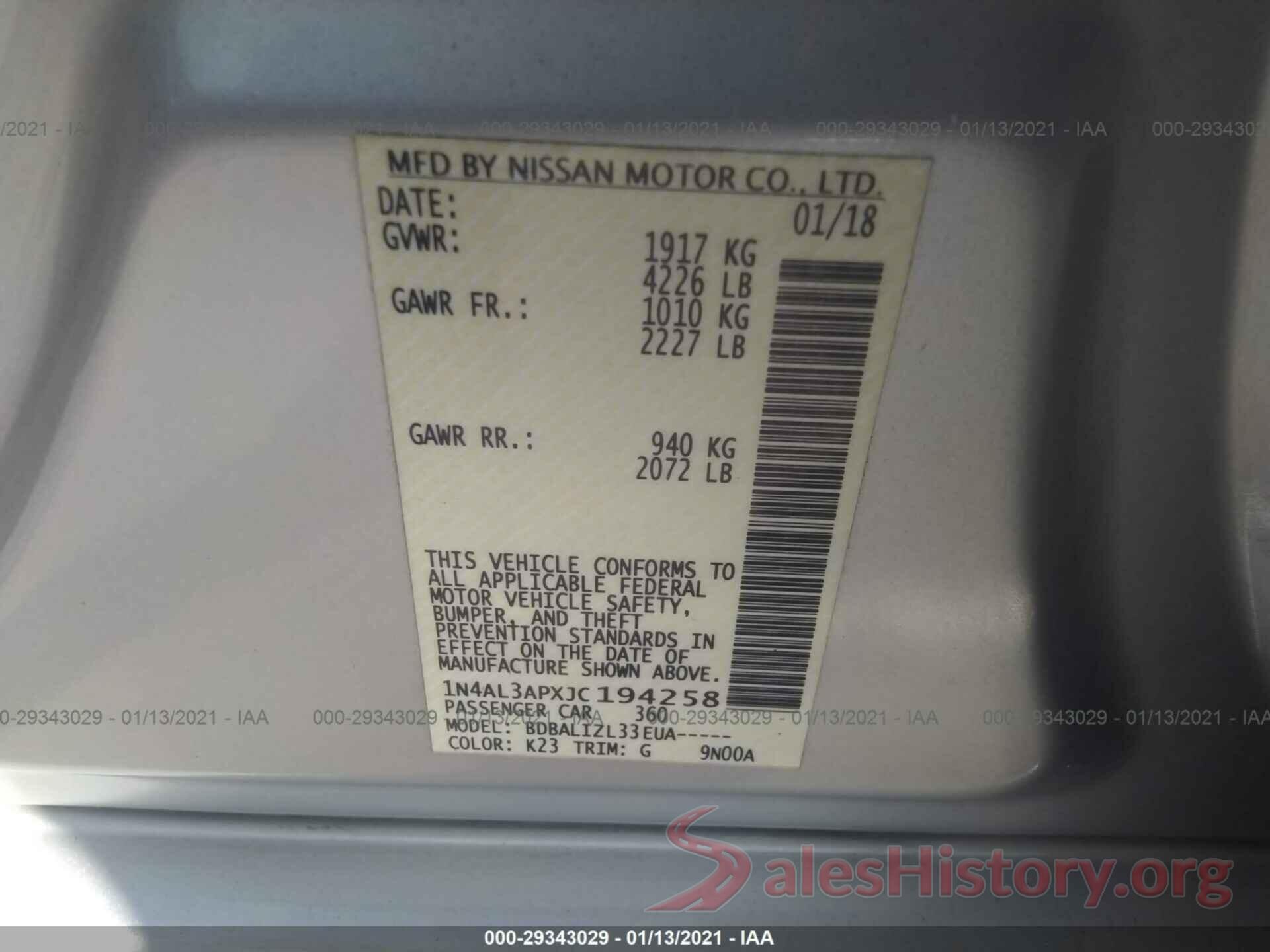 1N4AL3APXJC194258 2018 NISSAN ALTIMA