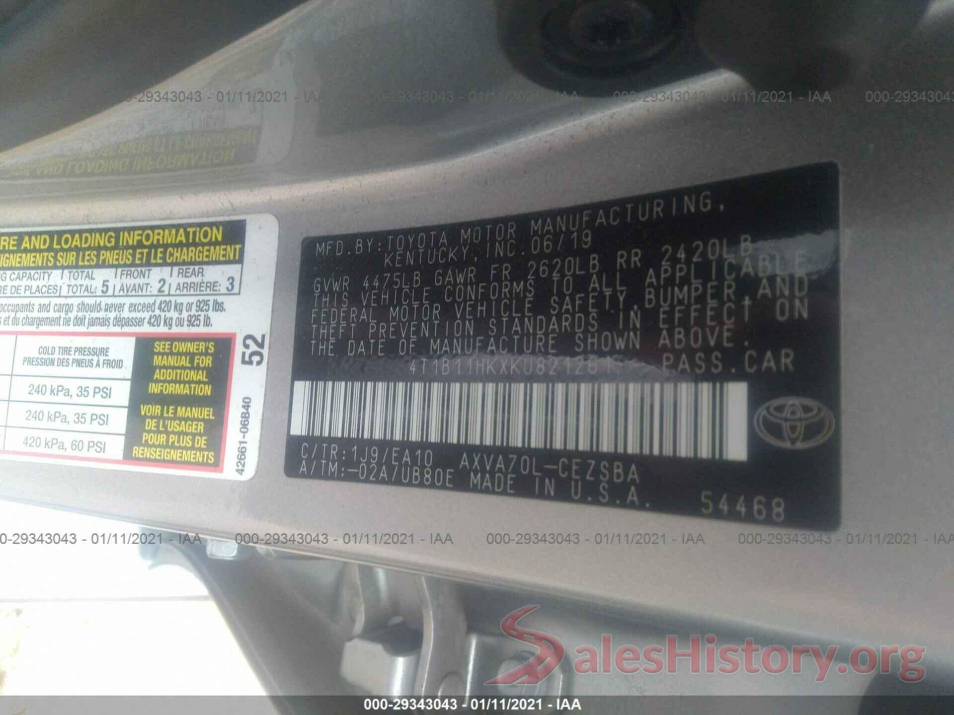 4T1B11HKXKU821261 2019 TOYOTA CAMRY