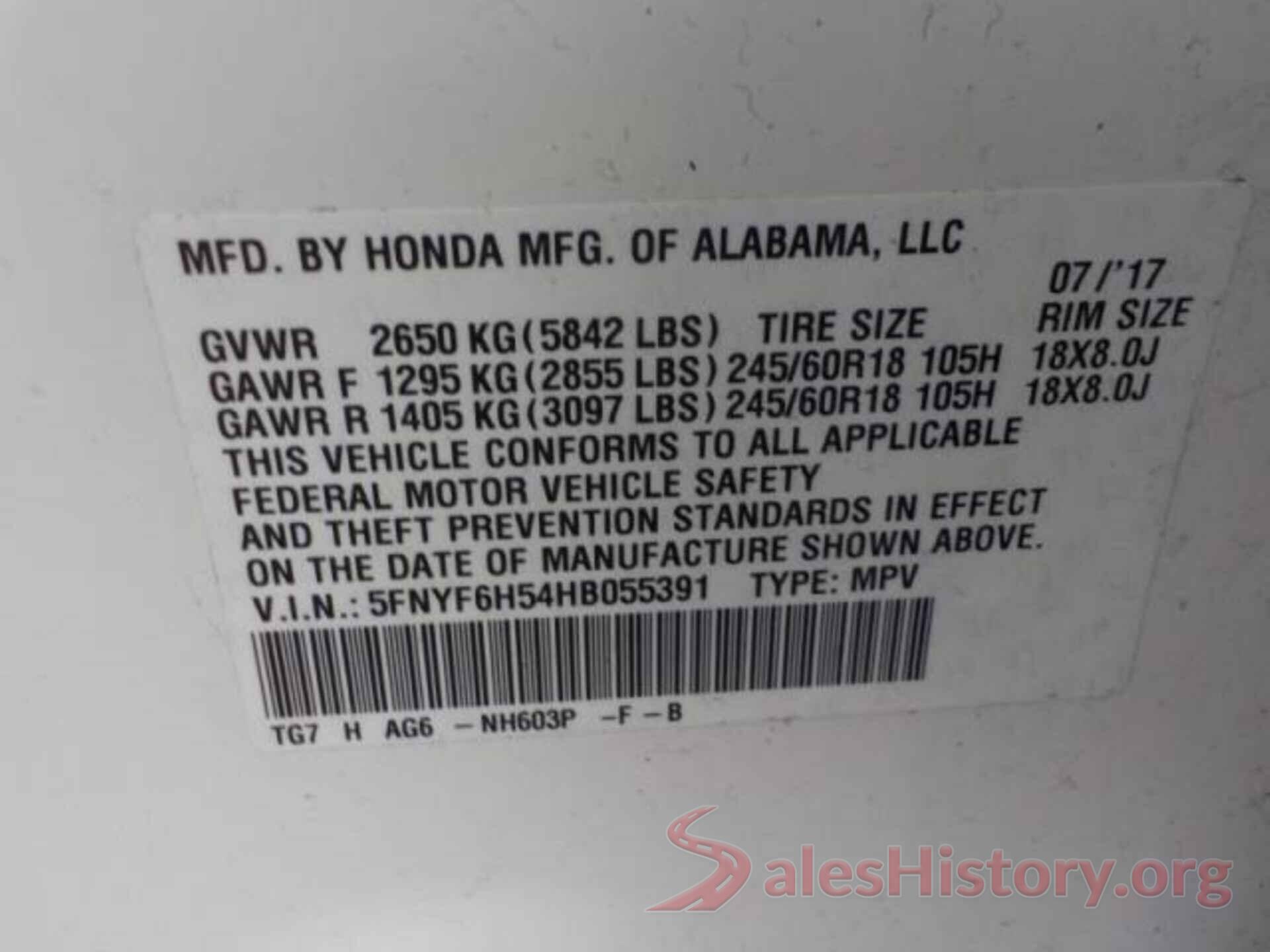 5FNYF6H54HB055391 2017 HONDA PILOT