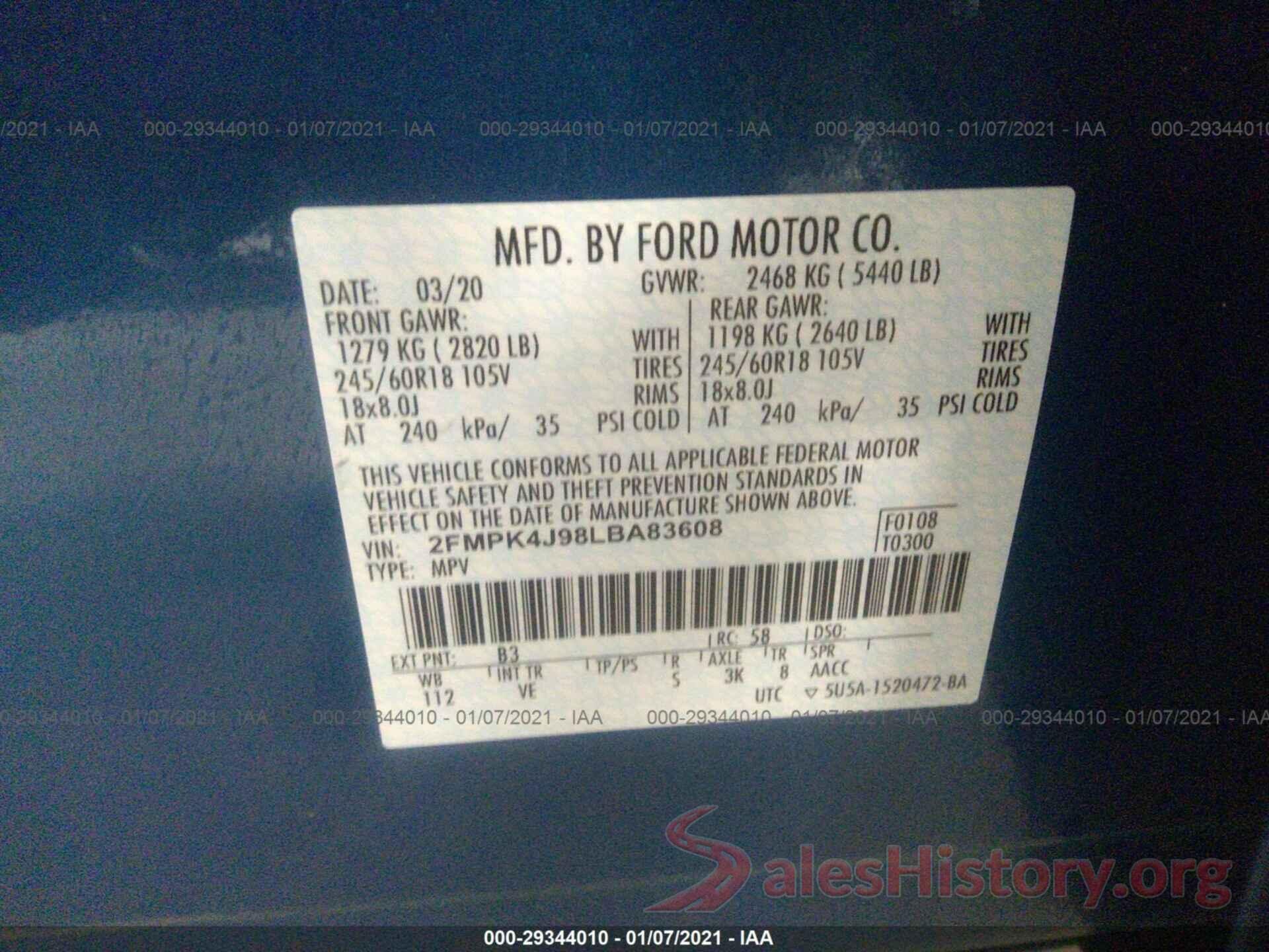 2FMPK4J98LBA83608 2020 FORD EDGE