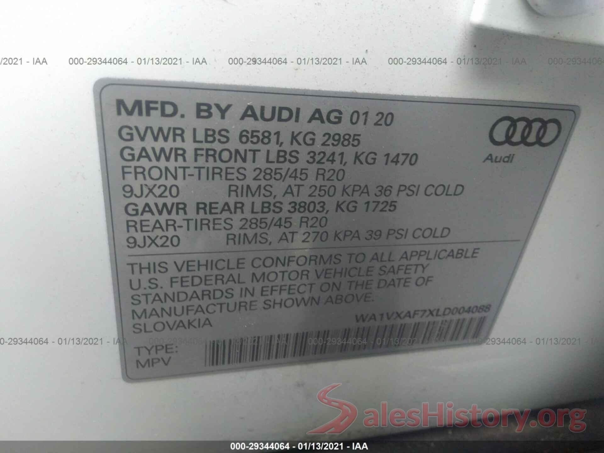 WA1VXAF7XLD004088 2020 AUDI Q7