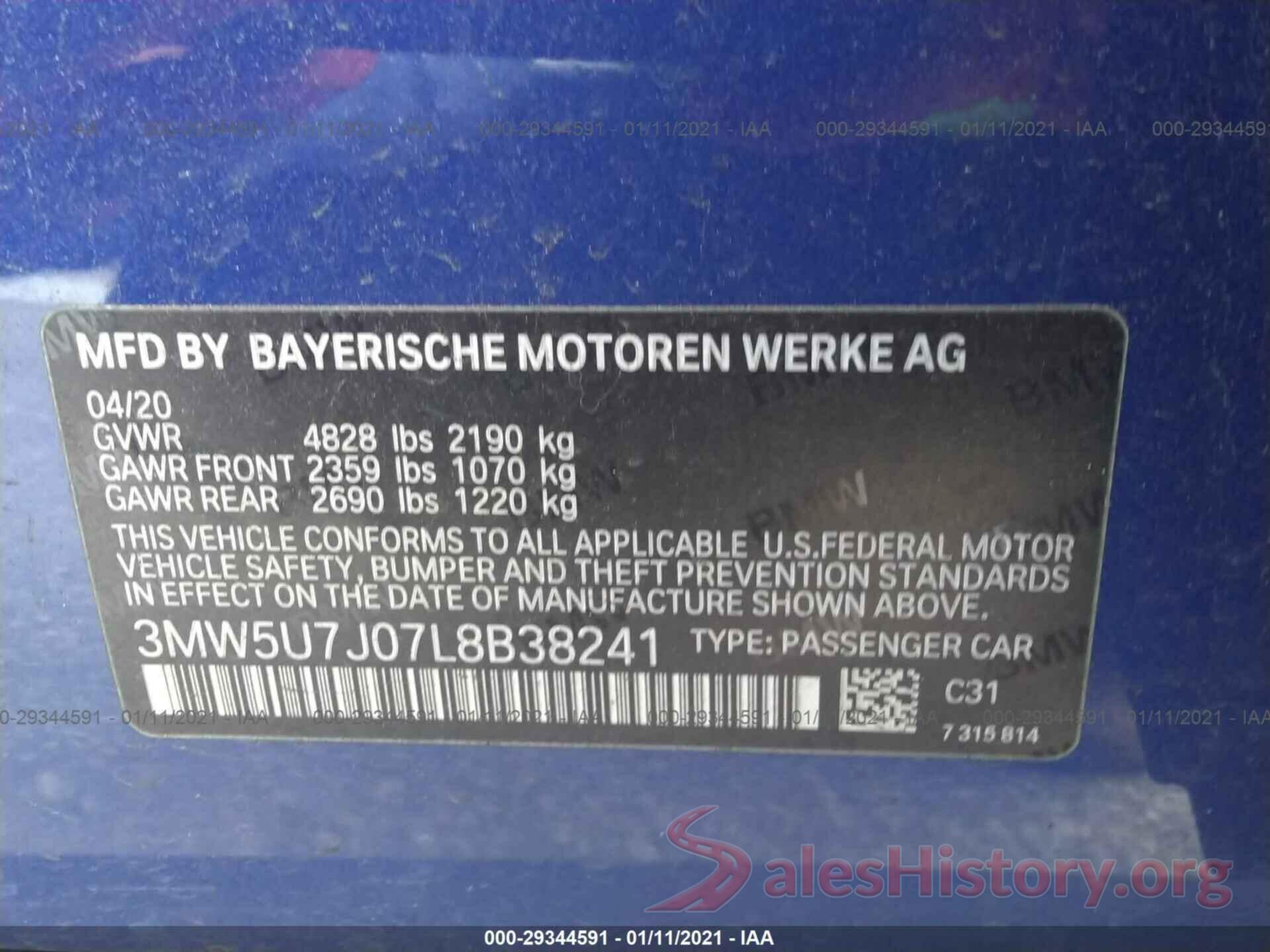 3MW5U7J07L8B38241 2020 BMW 3 SERIES