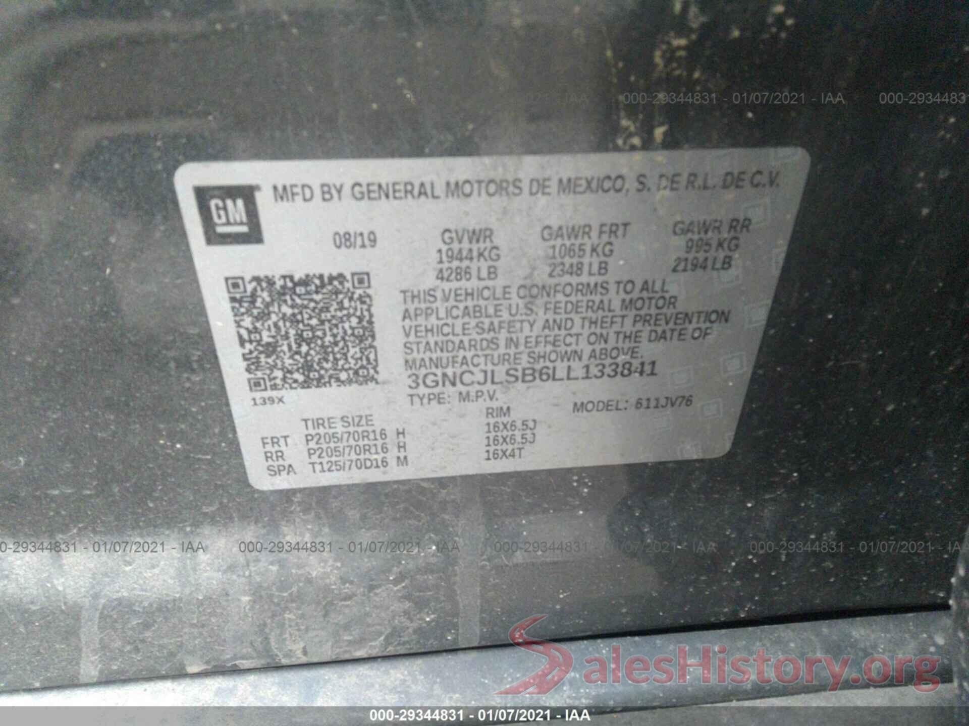 3GNCJLSB6LL133841 2020 CHEVROLET TRAX