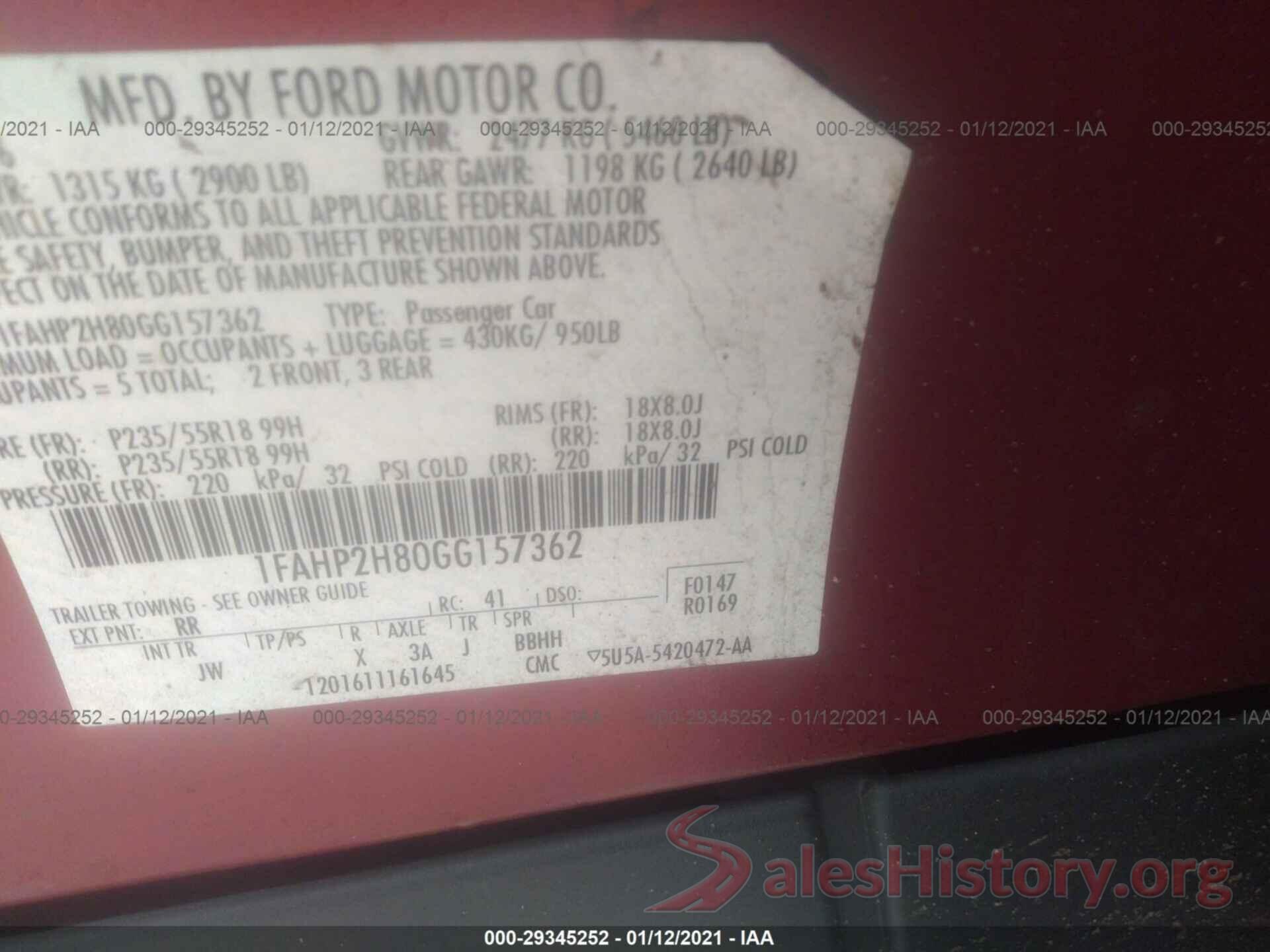 1FAHP2H80GG157362 2016 FORD TAURUS