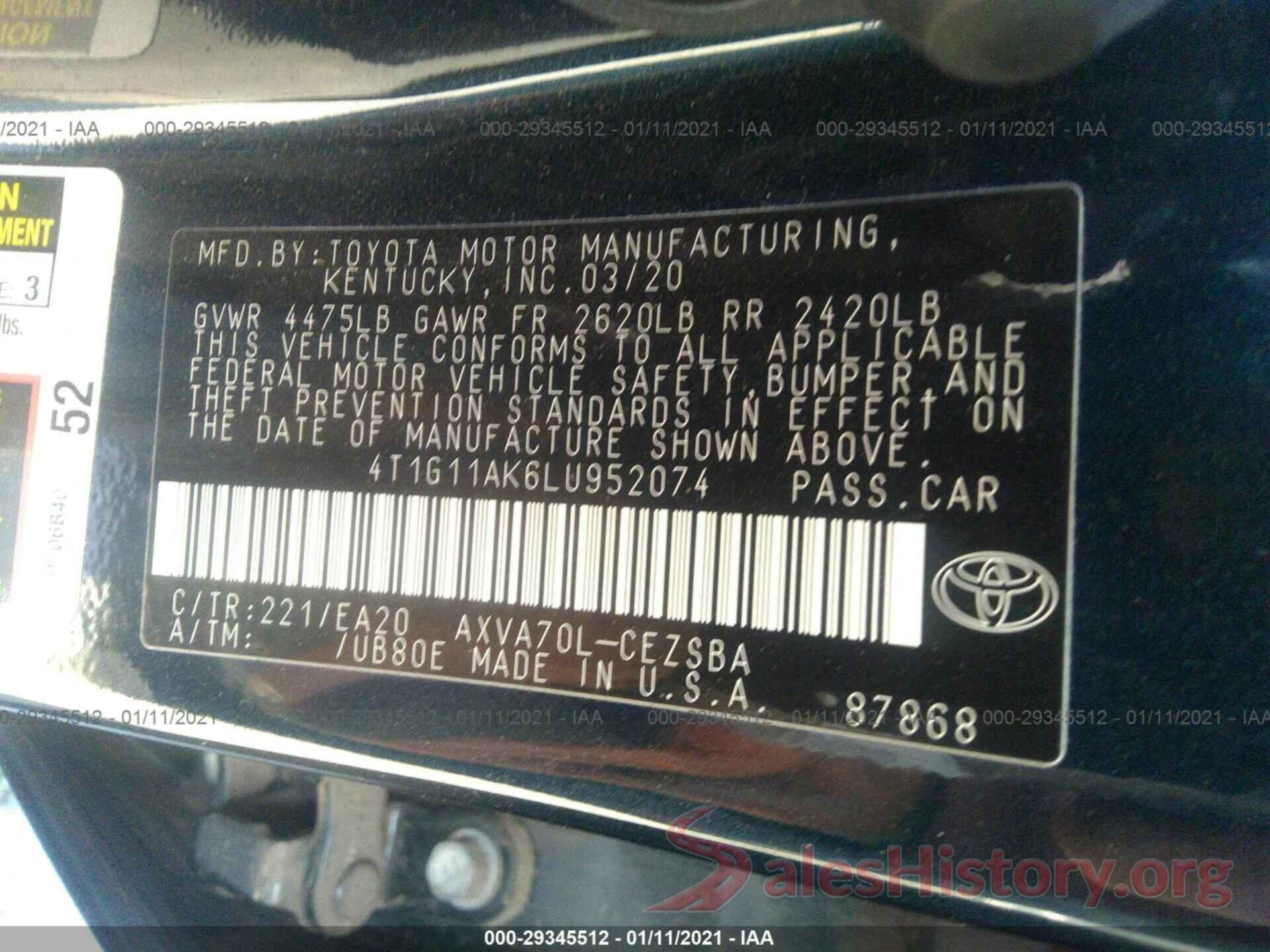 4T1G11AK6LU952074 2020 TOYOTA CAMRY