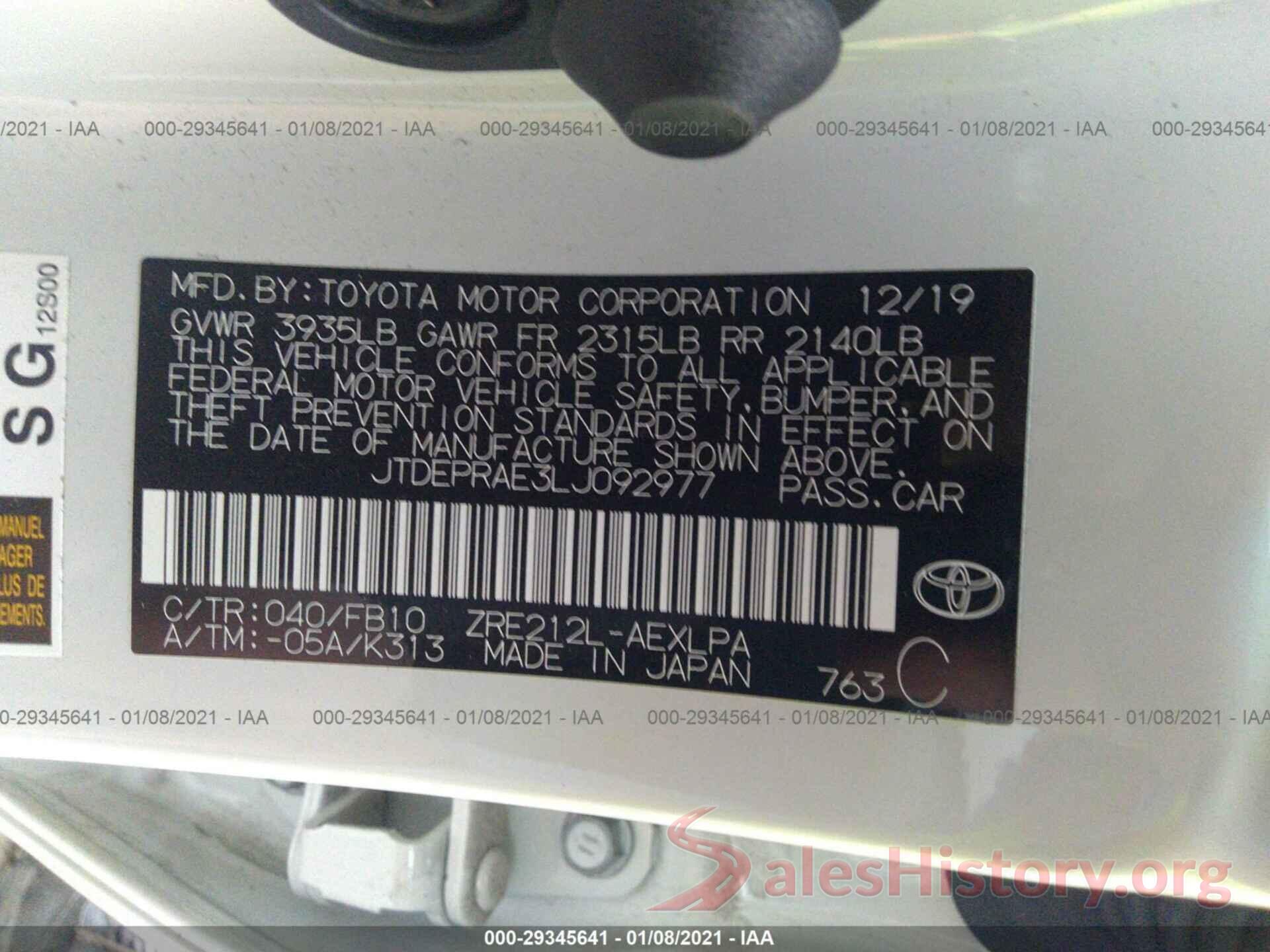 JTDEPRAE3LJ092977 2020 TOYOTA COROLLA